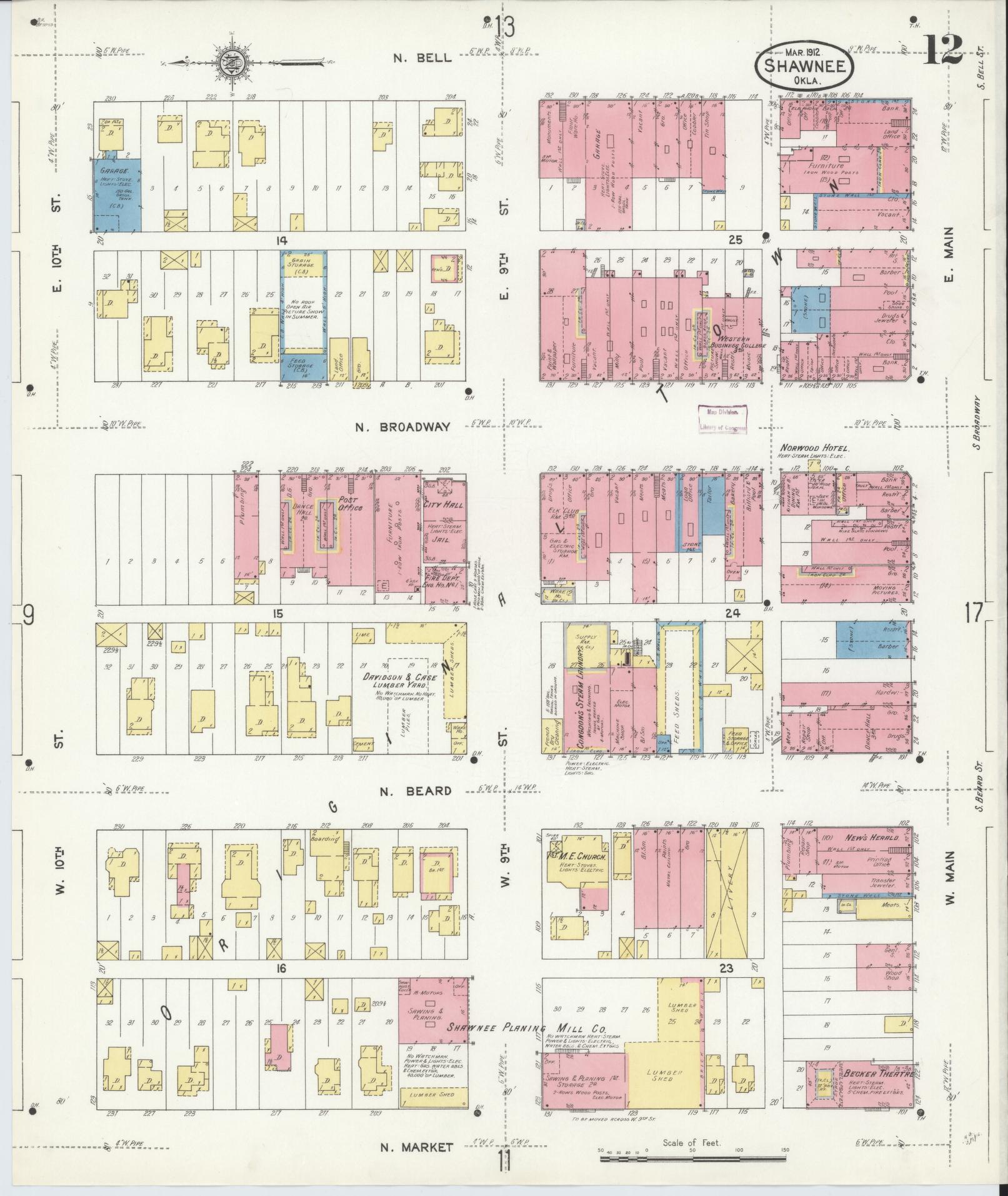 Sanborn Fire Insurance Map from Shawnee, Pottawatomie County, Oklahoma (1912), Sheet #0012 - Complete Map Set gallery image, historic Sanborn map, vintage wall art, Oklahoma Oklahoma