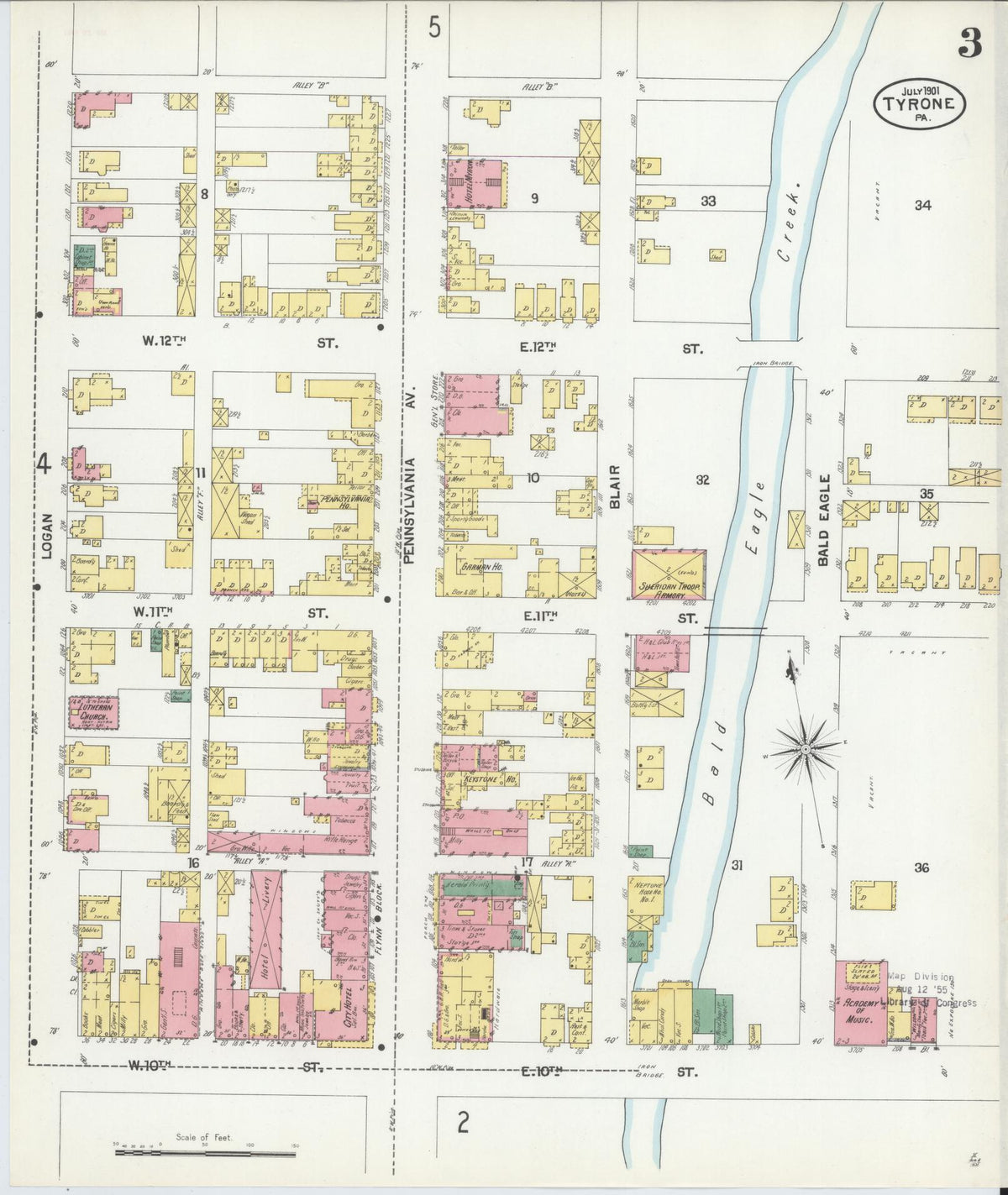 Sanborn Fire Insurance Map from Tyrone, Blair County, Pennsylvania (1901), Sheet #0003 - Historic Sanborn Fire Insurance Map Print, vintage old map wall art, antique decor, genealogy gift, Pennsylvania Pennsylvania map