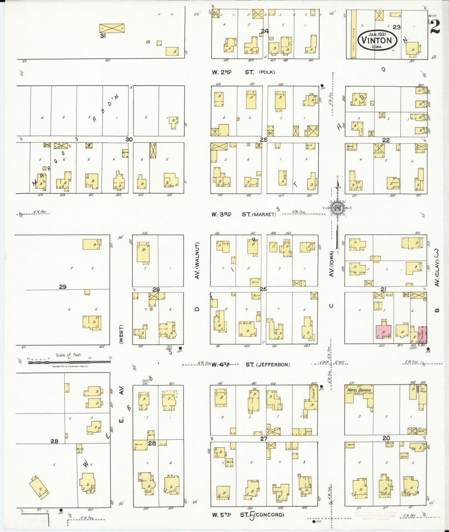 Sanborn Fire Insurance Map from Vinton, Benton County, Iowa (1921), Sheet #0002 - Historic Sanborn Fire Insurance Map Print, vintage old map wall art