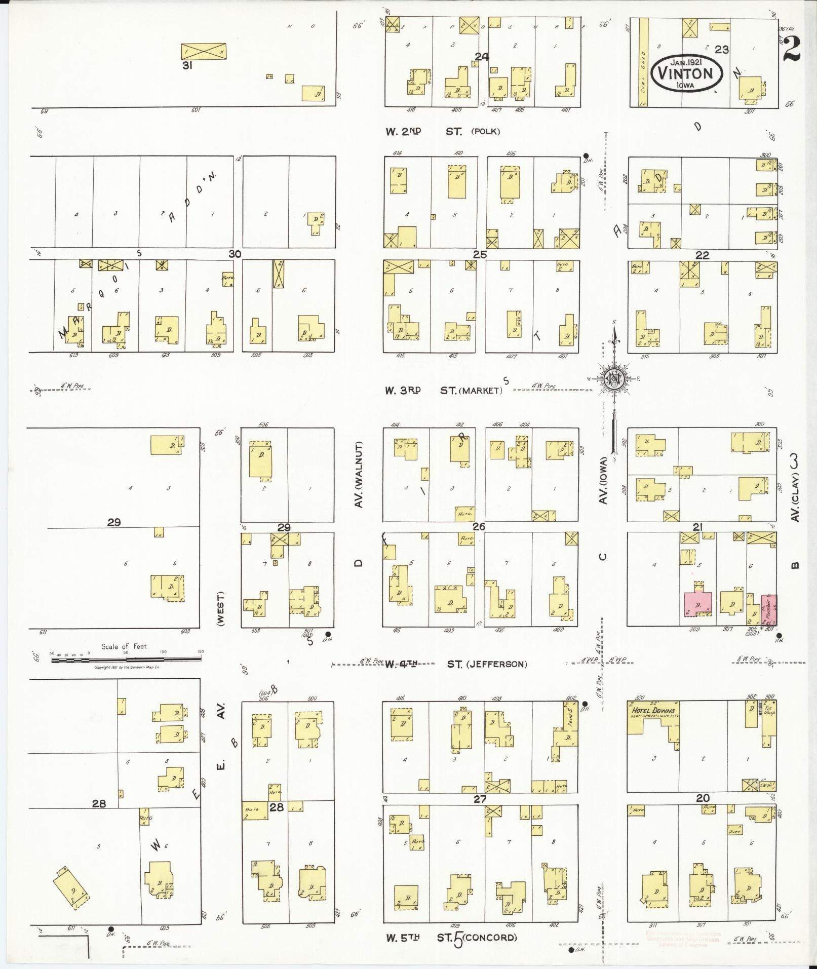 Sanborn Fire Insurance Map from Vinton, Benton County, Iowa (1921), Sheet #0002 - Historic Sanborn Fire Insurance Map Print, vintage old map wall art