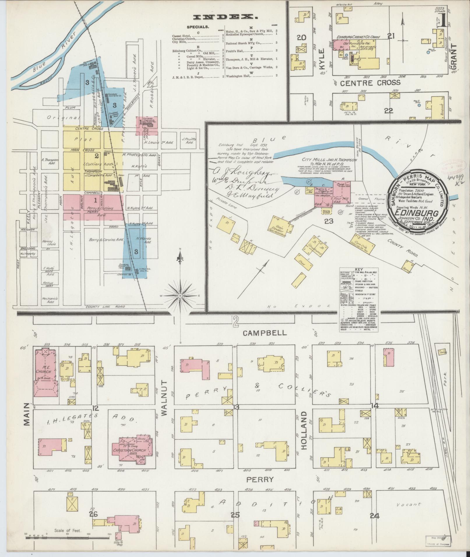Sanborn Fire Insurance Map from Edinburg, Johnson And Bartholomew Counties, Indiana (1892), Sheet #0001 - Complete Map Set gallery image, historic Sanborn map, vintage wall art, Indiana Indiana