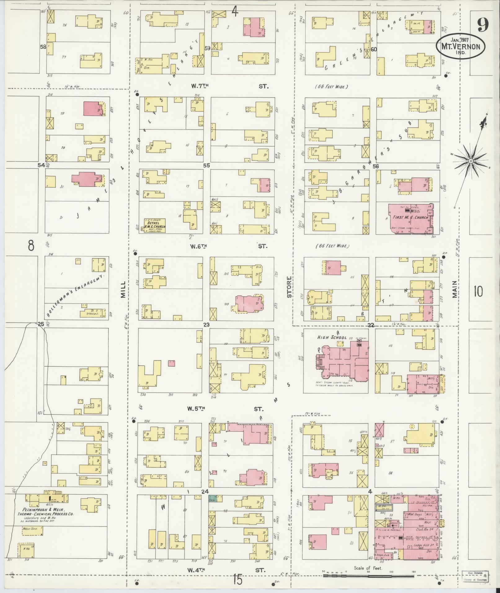 Sanborn Fire Insurance Map from Mount Vernon, Posey County, Indiana (1907), Sheet #0009 - Complete Map Set gallery image, historic Sanborn map, vintage wall art, Indiana Indiana