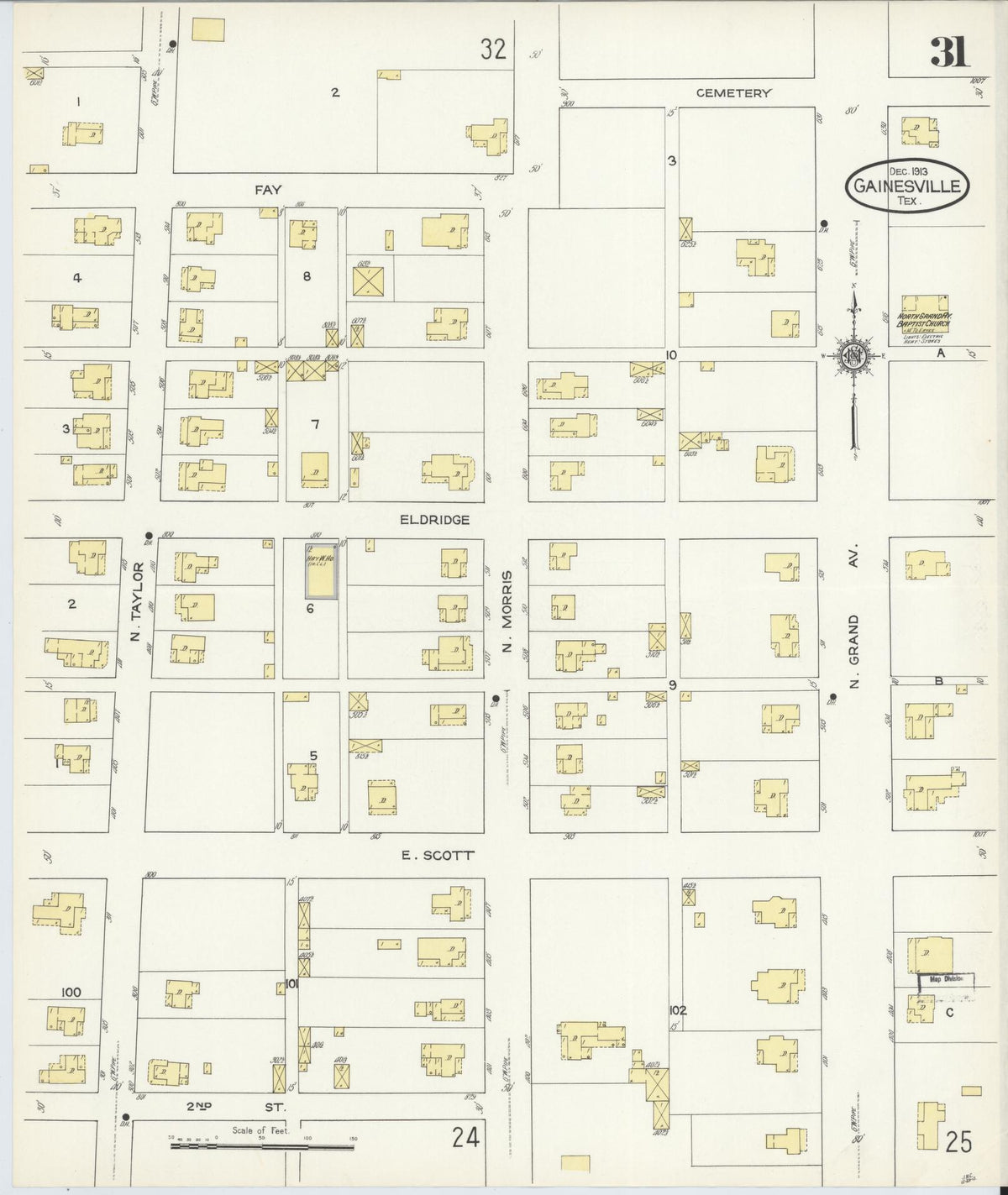 Sanborn Fire Insurance Map from Gainesville, Cooke County, Texas (1913), Sheet #0031 - Historic Sanborn Fire Insurance Map Print, vintage old map wall art, antique decor, genealogy gift, Texas Texas map