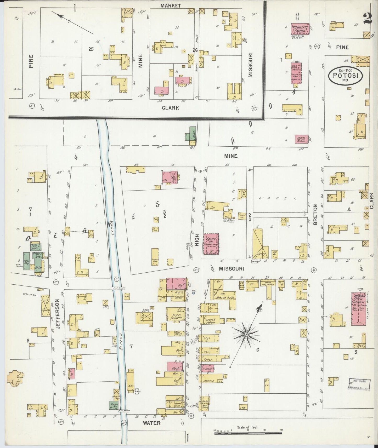 Sanborn Fire Insurance Map from Potosi, Washington County, Missouri (1900), Sheet #0002 - Historic Sanborn Fire Insurance Map Print, vintage old map wall art, antique decor, genealogy gift, Missouri Missouri map