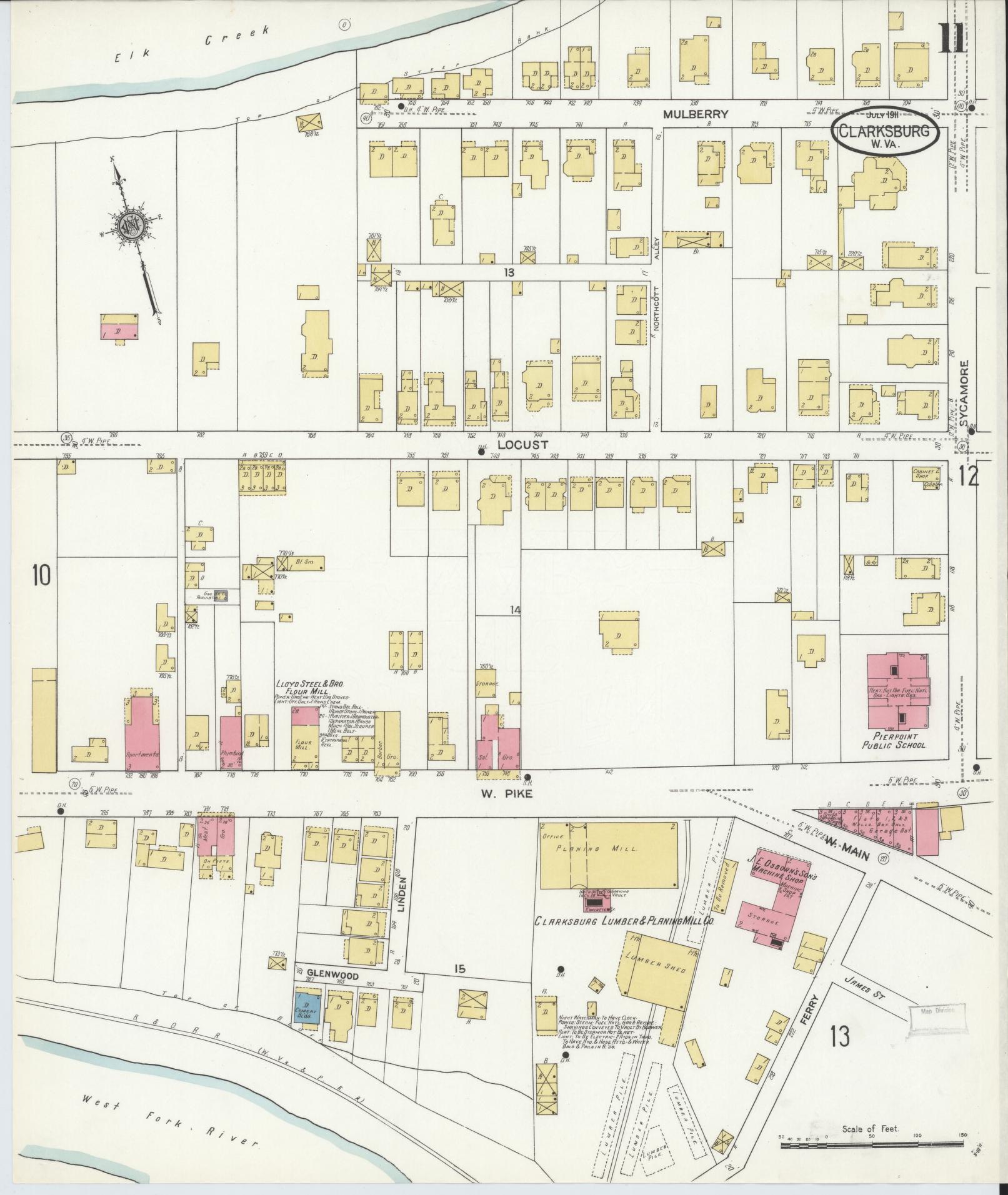 Sanborn Fire Insurance Map from Clarksburg, Harrison County, West Virginia (1911), Sheet #0011 - Complete Map Set gallery image, historic Sanborn map, vintage wall art, West Virginia West Virginia