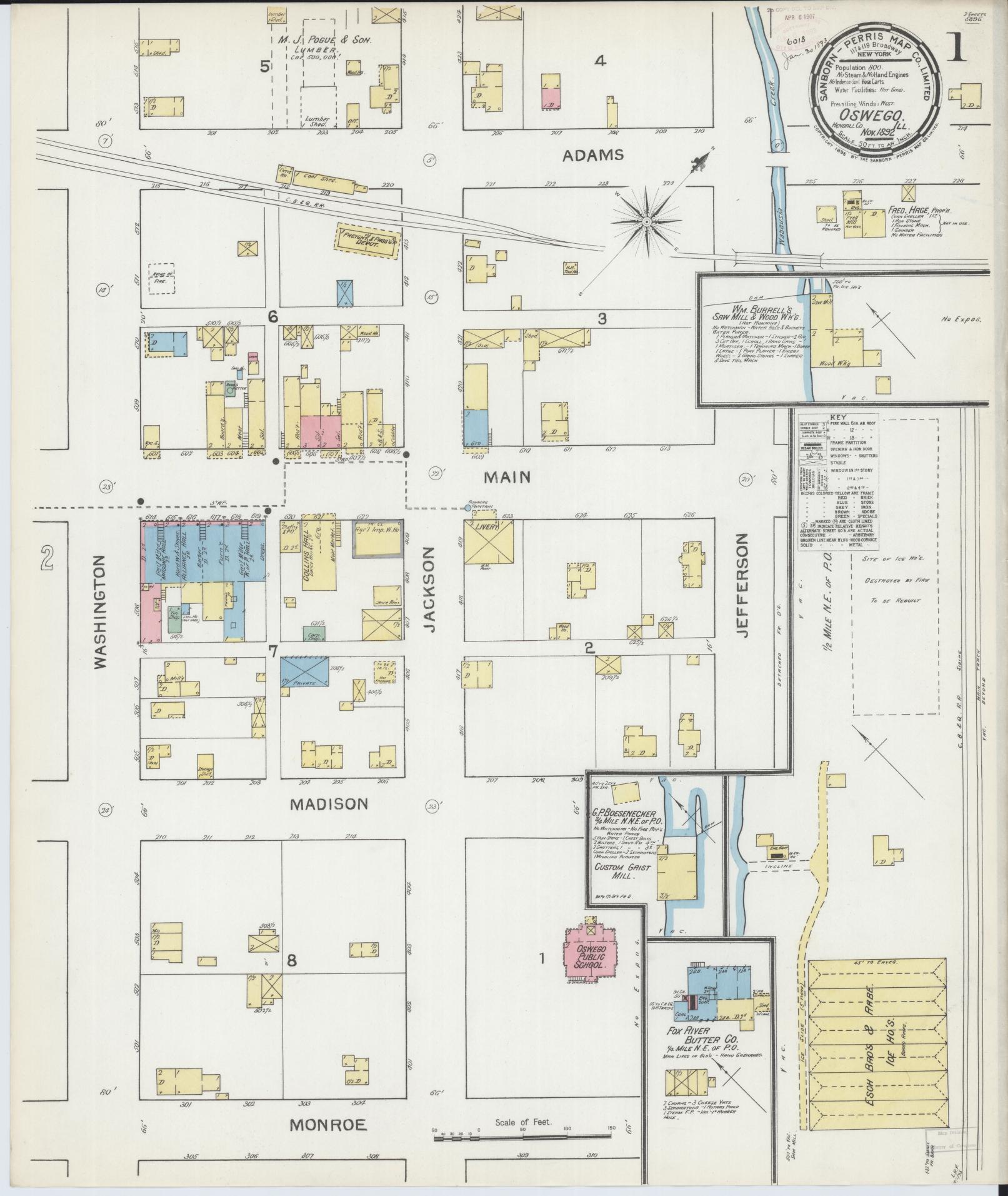 Sanborn Fire Insurance Map from Oswego, Kendall County, Illinois (1892), Sheet #0001 - Complete Map Set gallery image, historic Sanborn map, vintage wall art, Illinois Illinois