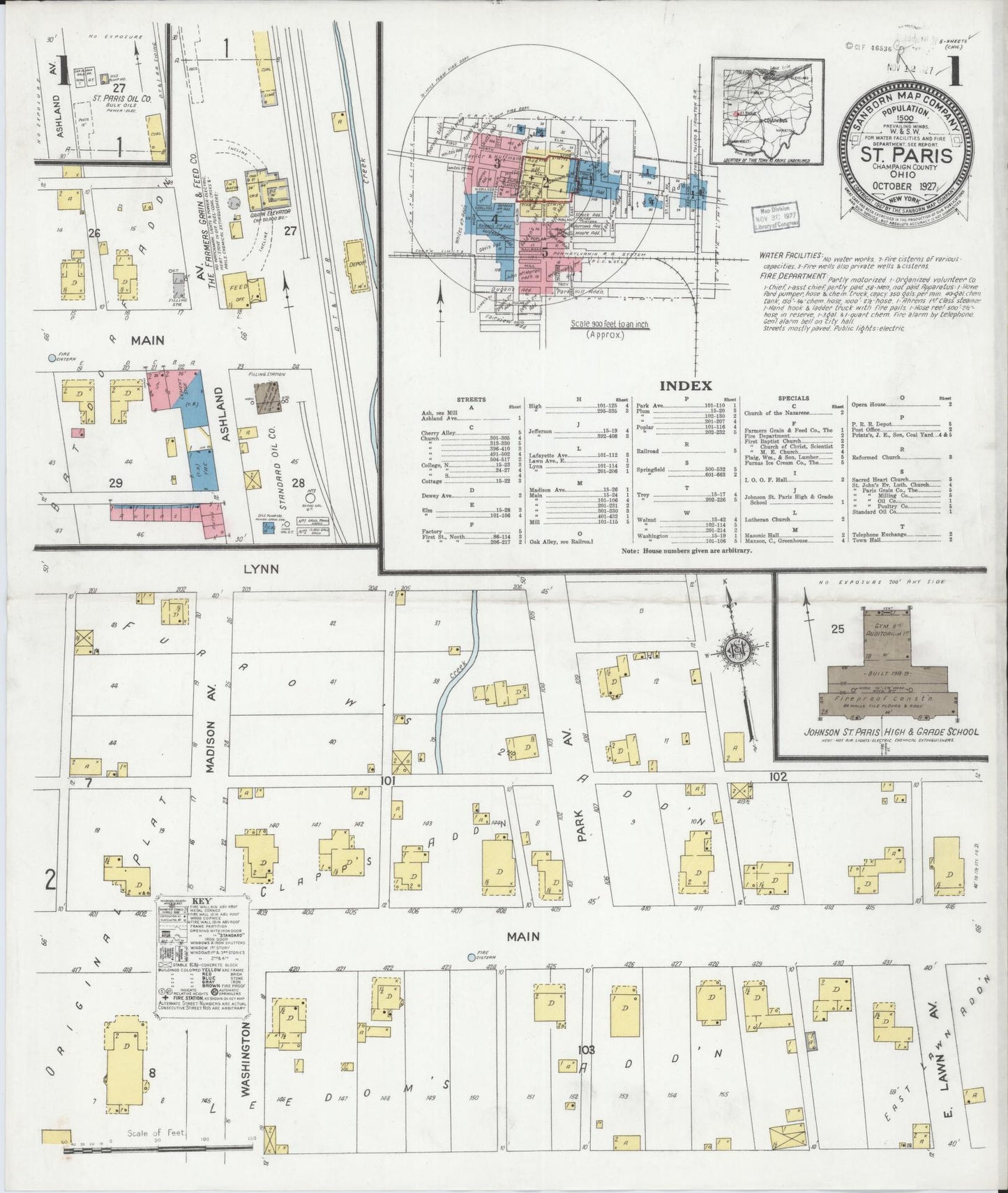 Sanborn Fire Insurance Map from Saint Paris, Champaign County, Ohio (1927), Sheet #0001 - Historic Sanborn Fire Insurance Map Print, vintage old map wall art, antique decor, genealogy gift, Ohio Ohio map