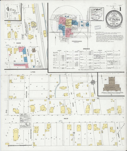 Sanborn Fire Insurance Map from Saint Paris, Champaign County, Ohio (1927), Sheet #0001 - Historic Sanborn Fire Insurance Map Print, vintage old map wall art, antique decor, genealogy gift, Ohio Ohio map