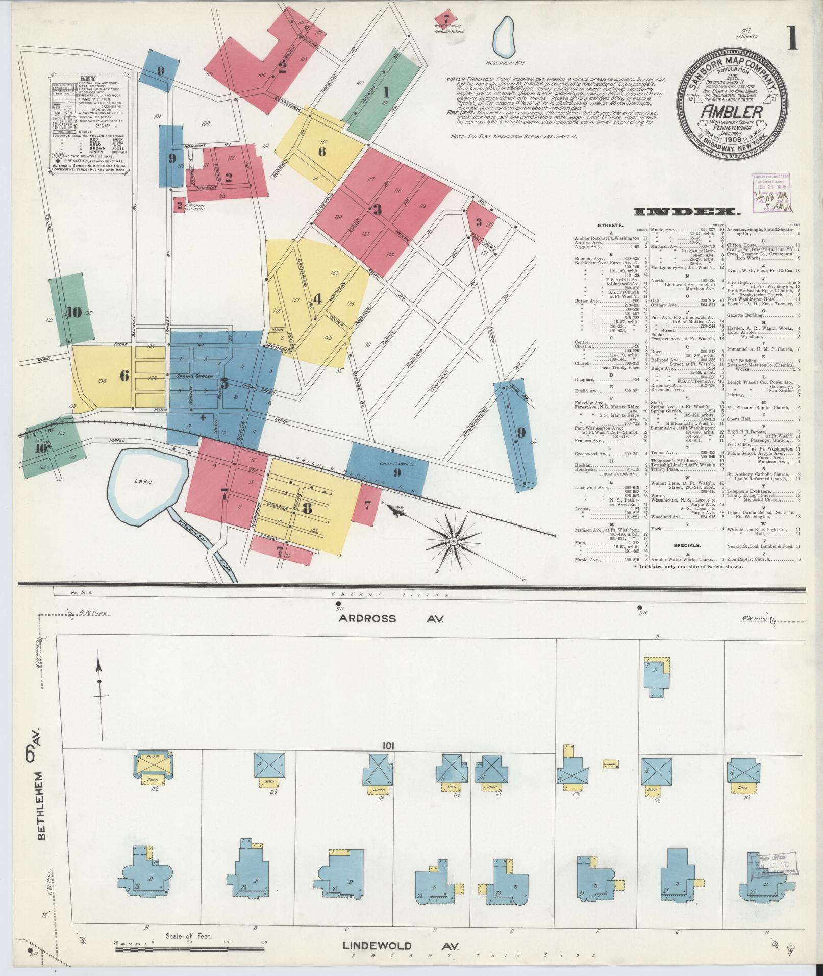 Sanborn Fire Insurance Map from Ambler, Montgomery County, Pennsylvania (1909), Sheet #0001 - Historic Sanborn Fire Insurance Map Print, vintage old map wall art, antique decor, genealogy gift, Pennsylvania Pennsylvania map