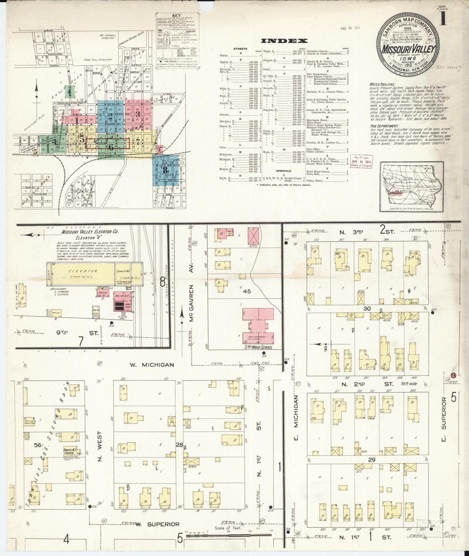 Sanborn Fire Insurance Map from Missouri Valley, Harrison County, Iowa (1913), Sheet #0001 - Historic Sanborn Fire Insurance Map Print, vintage old map wall art, antique decor, genealogy gift, Missouri Missouri map