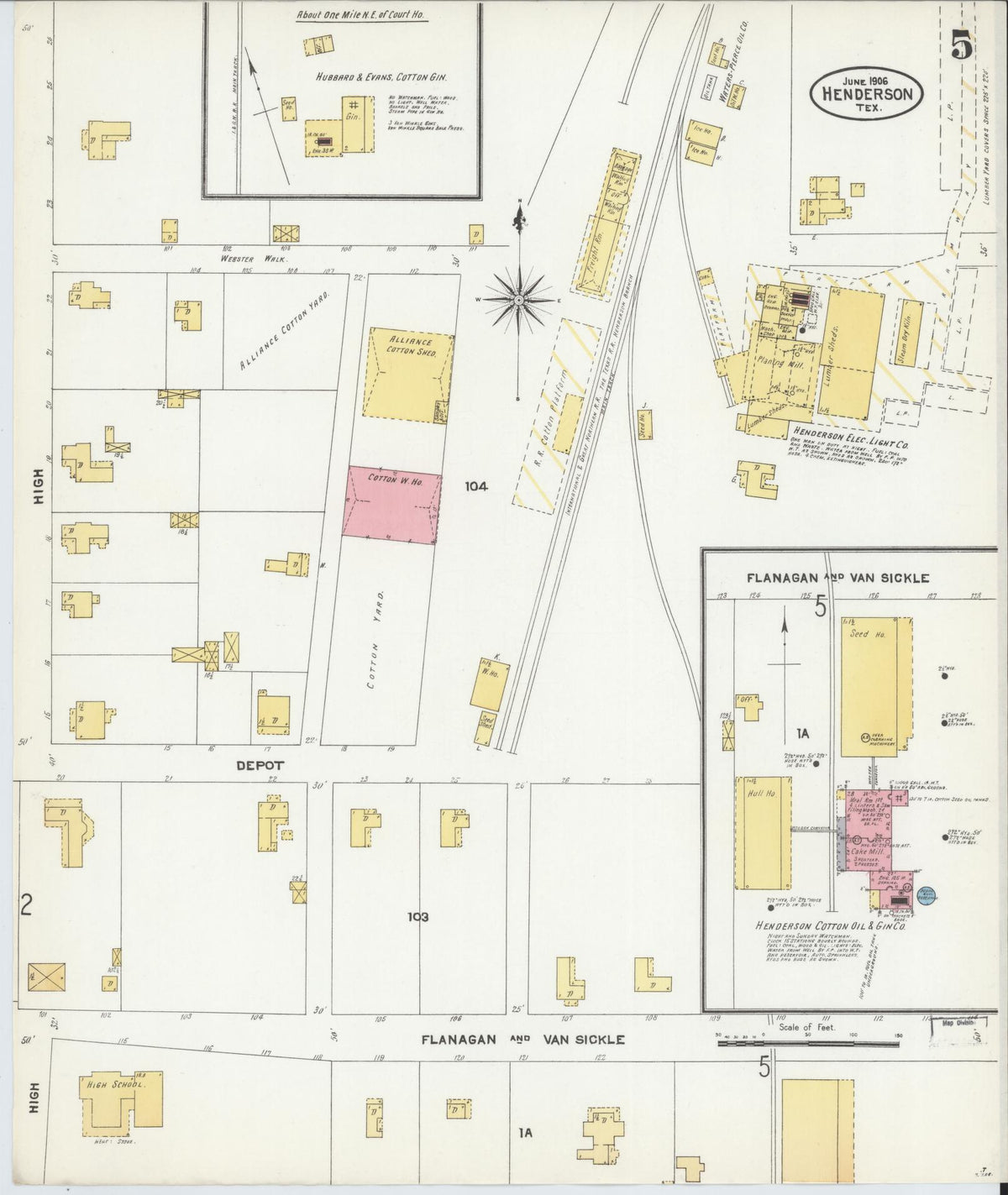 Sanborn Fire Insurance Map from Henderson, Rusk County, Texas (1906), Sheet #0005 - Complete Map Set gallery image, historic Sanborn map, vintage wall art, Texas Texas