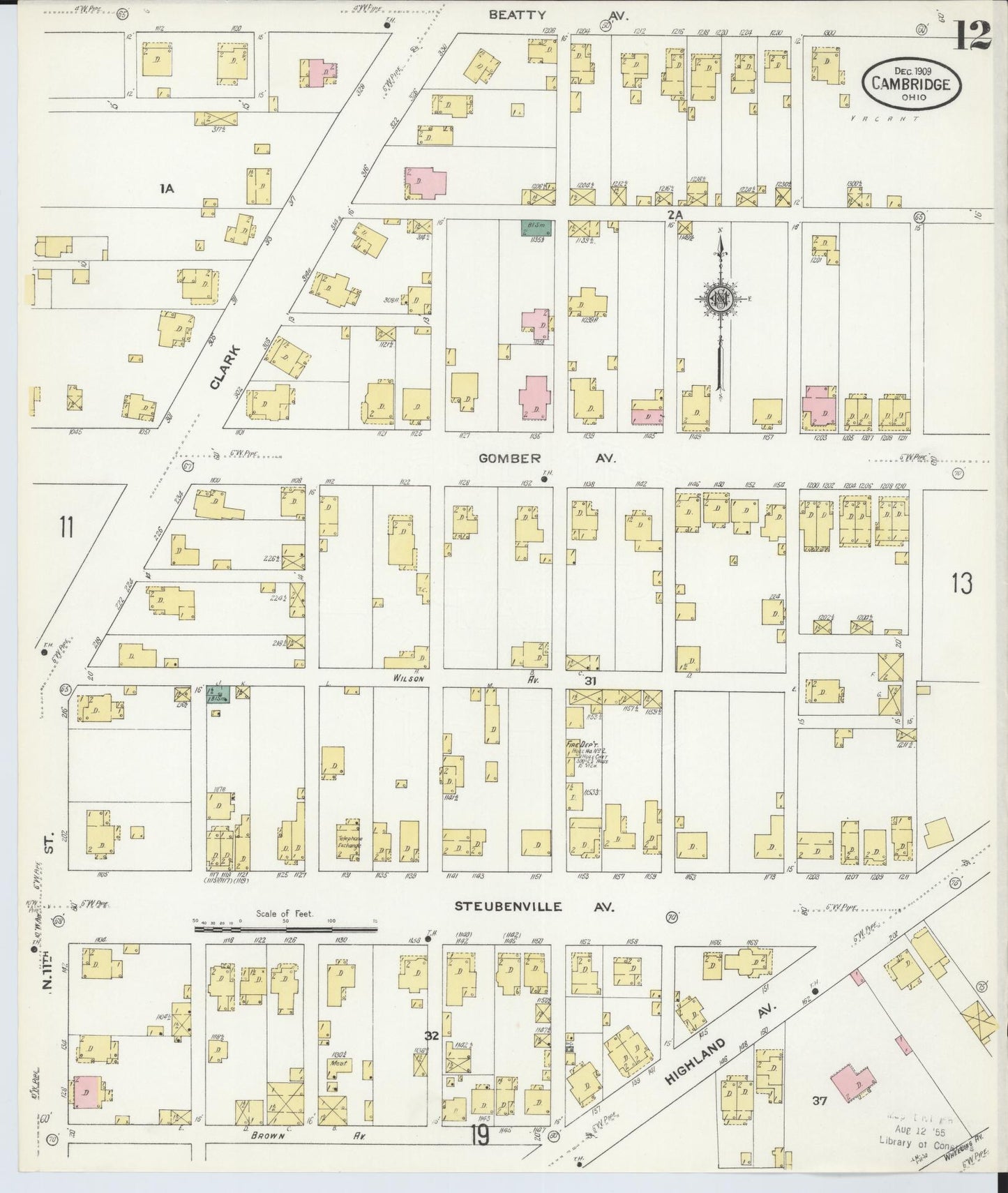 Sanborn Fire Insurance Map from Cambridge, Guernsey County, Ohio (1909), Sheet #0012 - Historic Sanborn Fire Insurance Map Print, vintage old map wall art, antique decor, genealogy gift, Ohio Ohio map