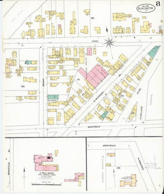 Sanborn Fire Insurance Map from Burlington, Chittenden County, Vermont (1906), Sheet #0008 - Historic Sanborn Fire Insurance Map Print, vintage old map wall art, antique decor, genealogy gift, Vermont Vermont map