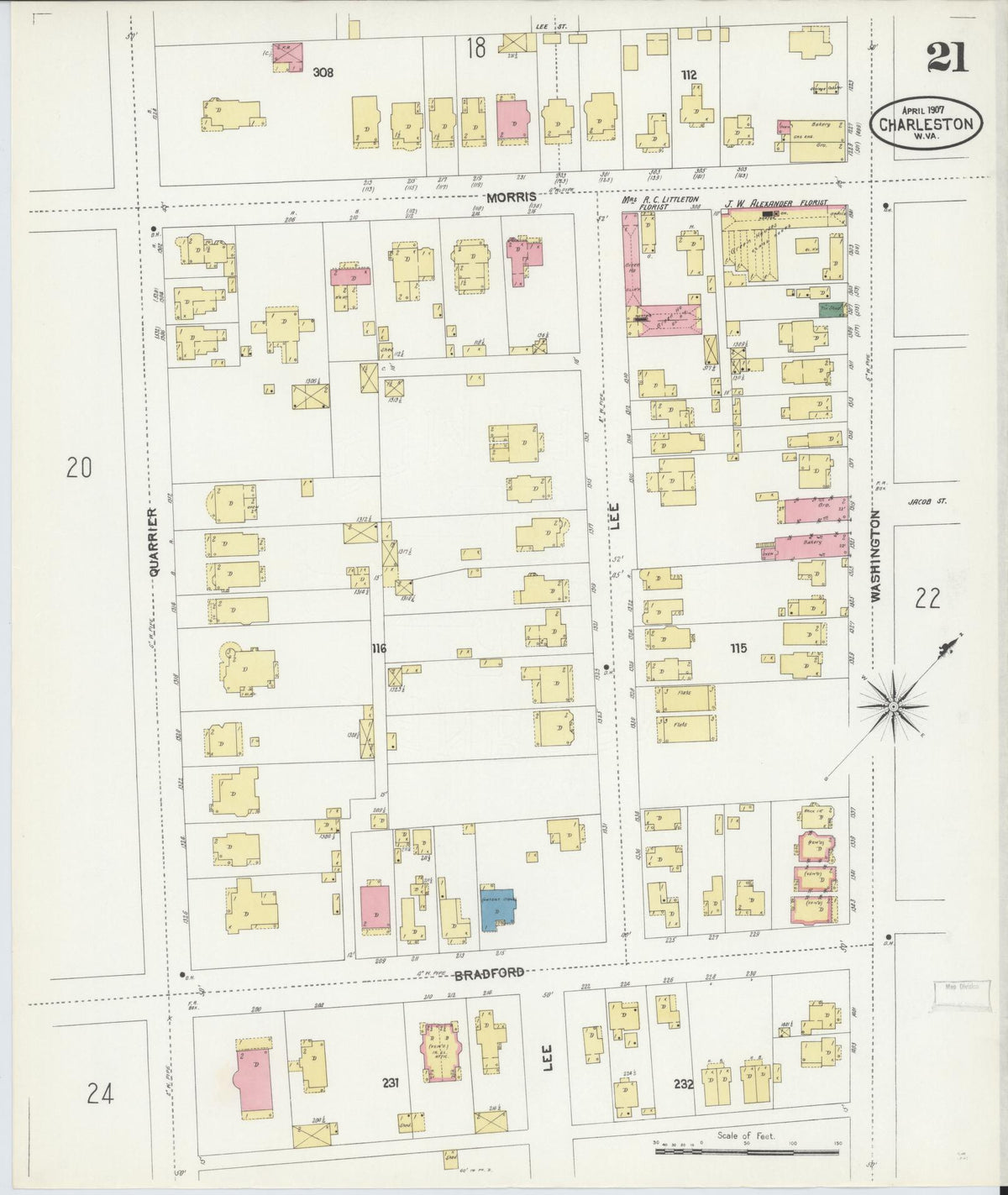 Sanborn Fire Insurance Map from Charleston, Kanawha County, West Virginia (1907), Sheet #0021 - Historic Sanborn Fire Insurance Map Print, vintage old map wall art, antique decor, genealogy gift, West Virginia West Virginia map