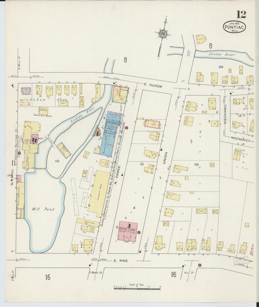 Sanborn Fire Insurance Map from Pontiac, Oakland County, Michigan (1915), Sheet #0012 - Historic Sanborn Fire Insurance Map Print, vintage old map wall art, antique decor, genealogy gift, Michigan Michigan map