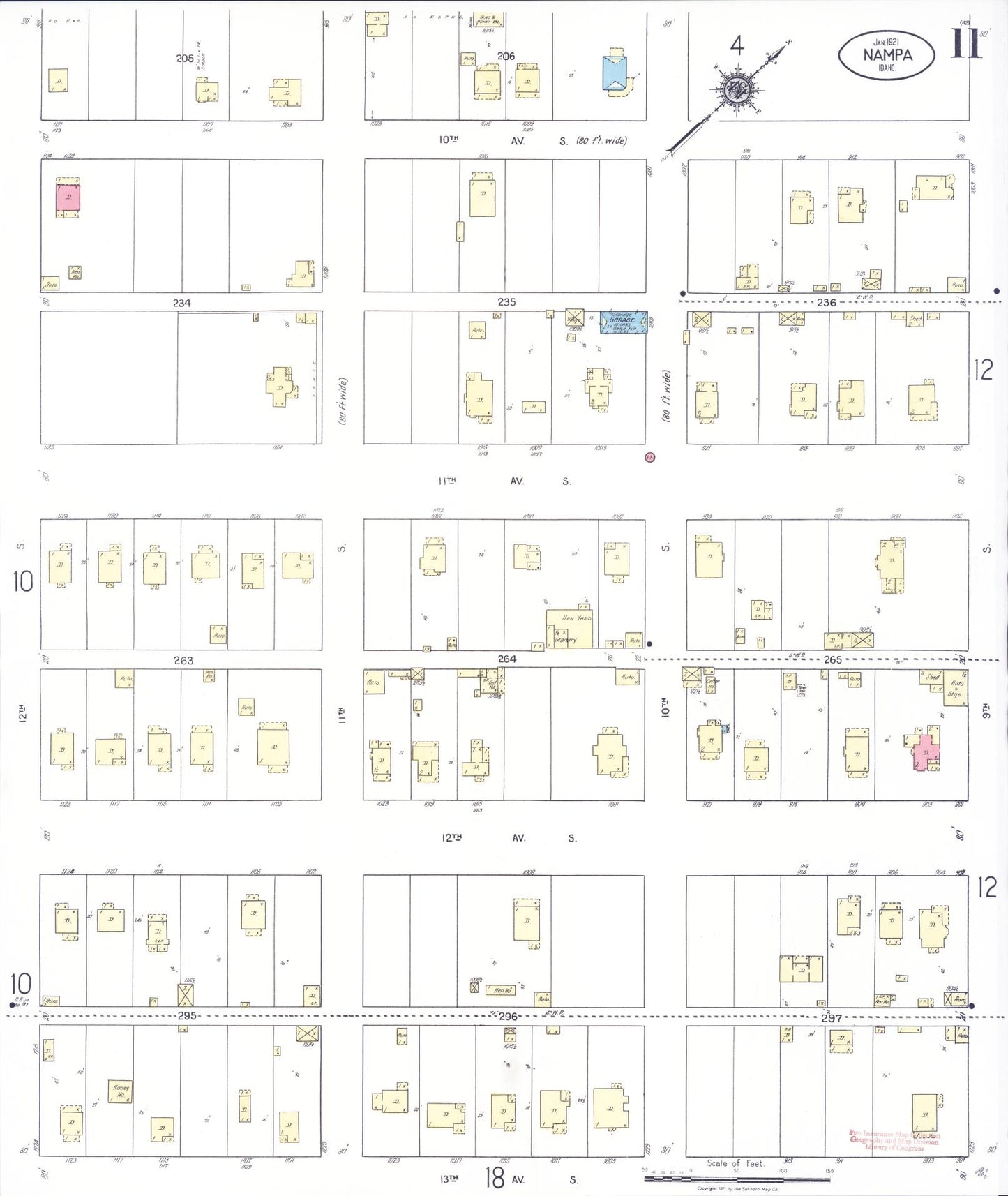 Sanborn Fire Insurance Map from Nampa, Canyon County, Idaho (1921), Sheet #0011 - Historic Sanborn Fire Insurance Map Print, vintage old map wall art, antique decor, genealogy gift, Idaho Idaho map