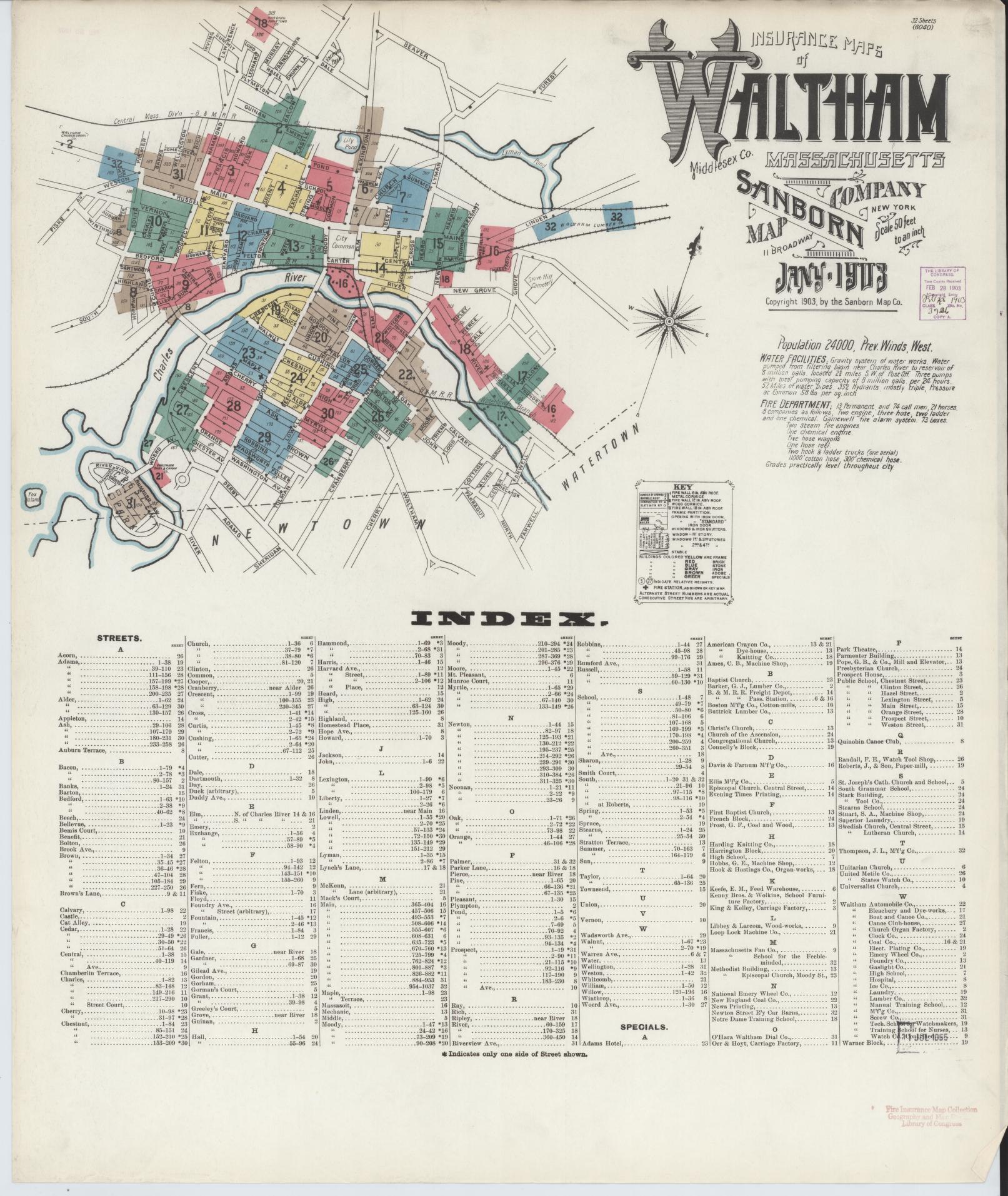 Sanborn Fire Insurance Map from Waltham, Middlesex County, Massachusetts (1903), Sheet #0001 - Complete Map Set gallery image, historic Sanborn map, vintage wall art, Massachusetts Massachusetts