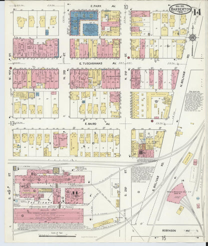 Sanborn Fire Insurance Map from Barberton, Summit County, Ohio (1916), Sheet #0014 - Complete Map Set gallery image, historic Sanborn map, vintage wall art, Ohio Ohio