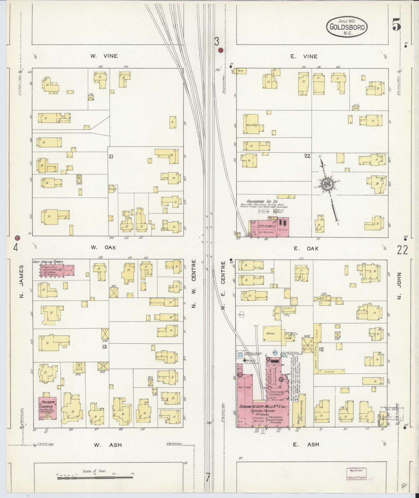 Sanborn Fire Insurance Map from Goldsboro, Wayne County, North Carolina (1913), Sheet #0005 - Complete Map Set gallery image, historic Sanborn map, vintage wall art, North Carolina North Carolina