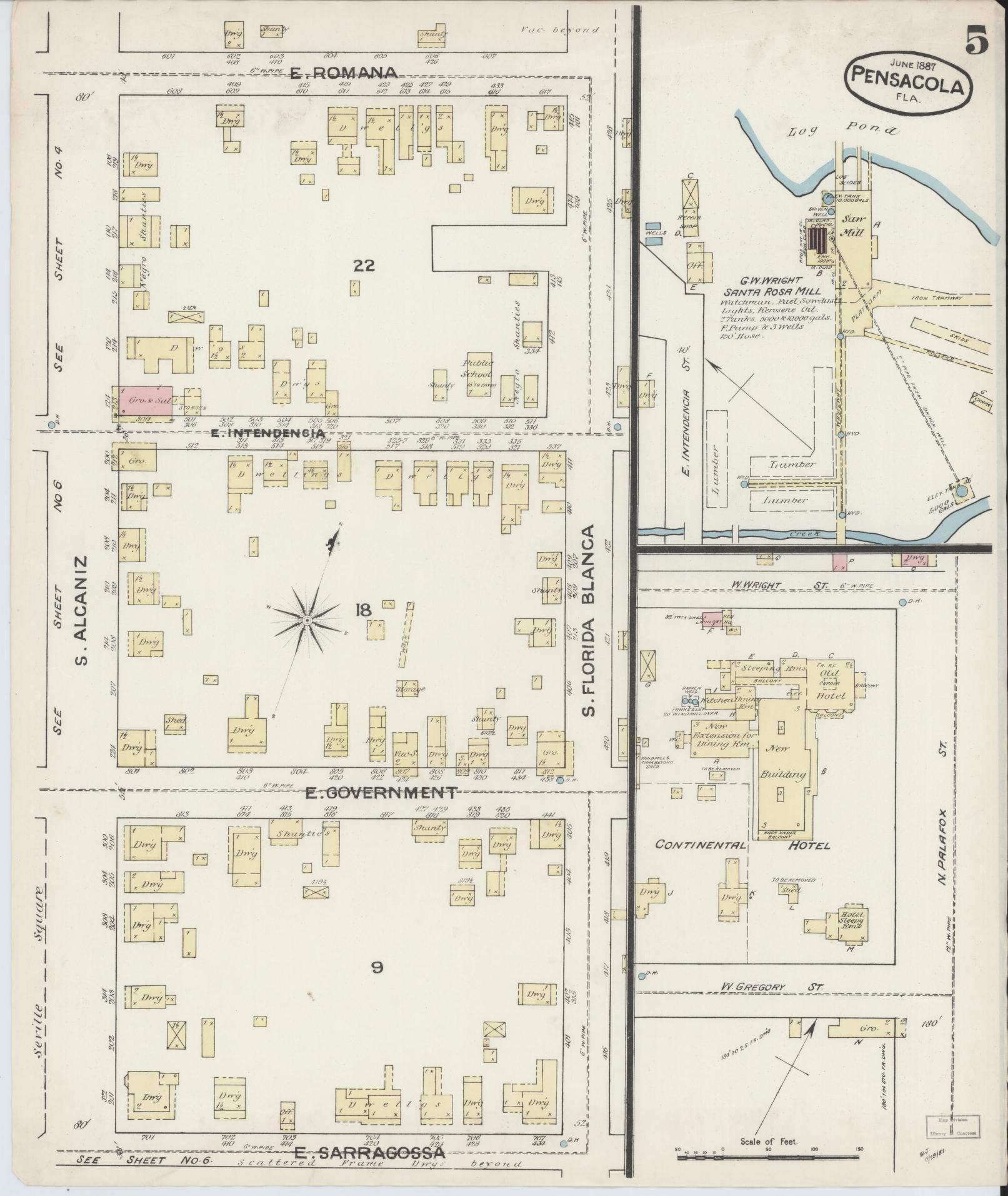 Sanborn Fire Insurance Map from Pensacola, Escambia County, Florida (1887), Sheet #0005 - Complete Map Set gallery image, historic Sanborn map, vintage wall art, Florida Florida