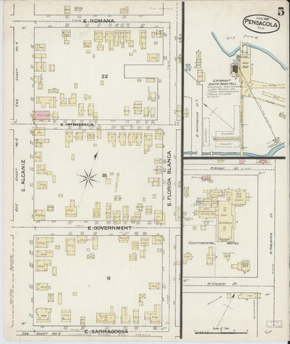 Sanborn Fire Insurance Map from Pensacola, Escambia County, Florida (1887), Sheet #0005 - Complete Map Set gallery image, historic Sanborn map, vintage wall art, Florida Florida