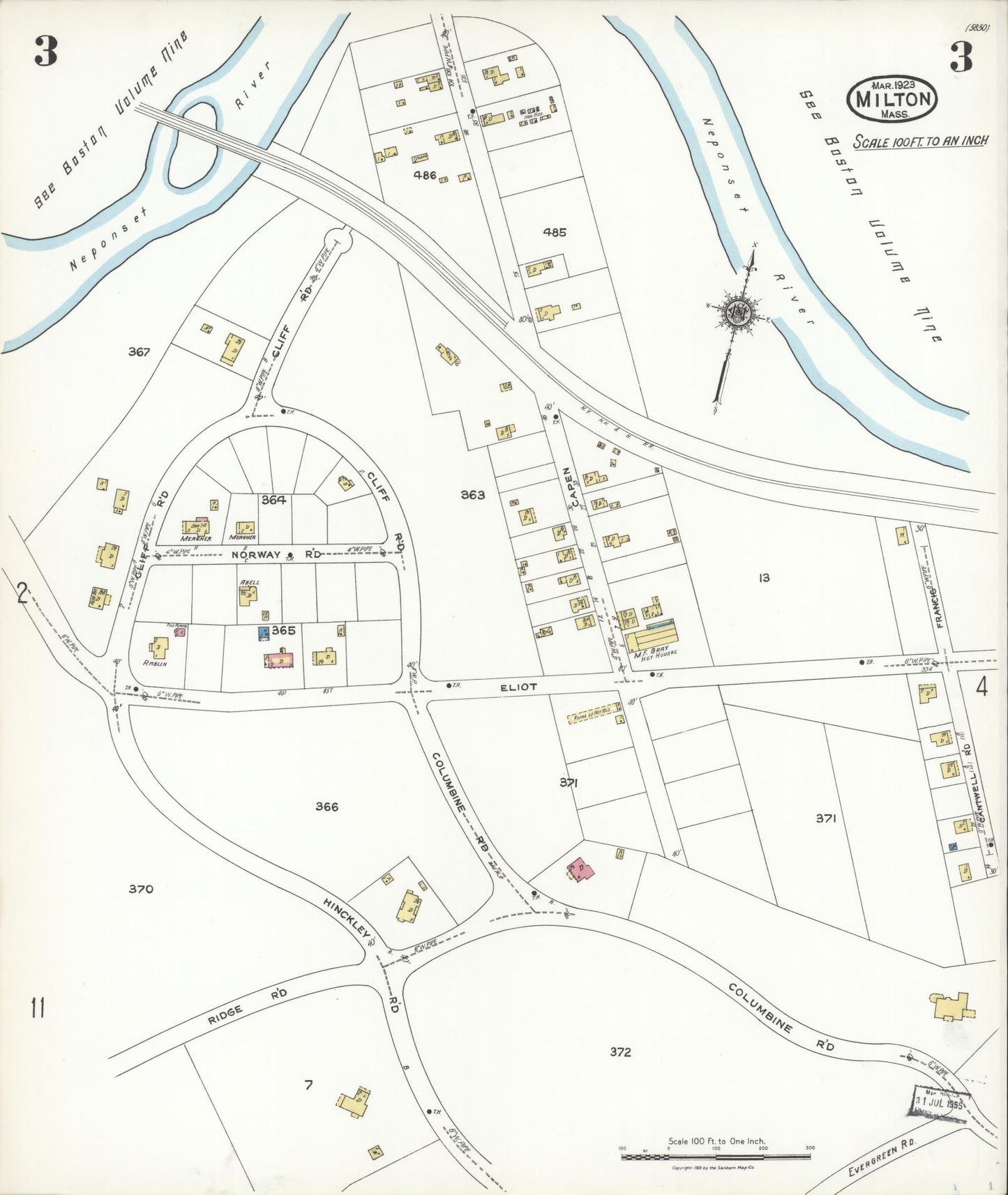 Sanborn Fire Insurance Map from Milton, Norfolk County, Massachusetts (1923), Sheet #0003 - Complete Map Set gallery image, historic Sanborn map, vintage wall art, Massachusetts Massachusetts