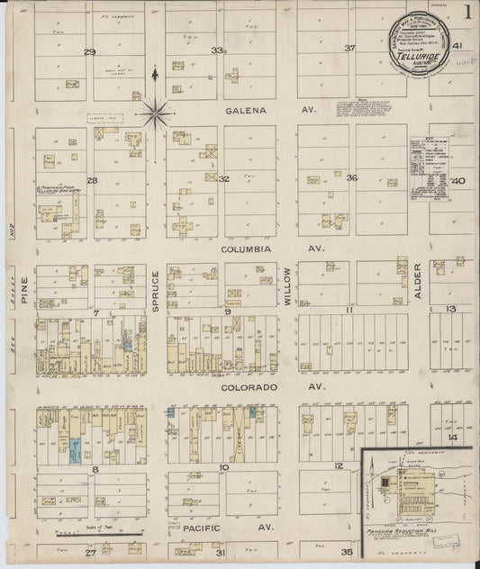 Sanborn Fire Insurance Map from Telluride, San Miguel County, Colorado (1886), Sheet #0001 - Historic Sanborn Fire Insurance Map Print, vintage old map wall art, antique decor, genealogy gift, Colorado Colorado map