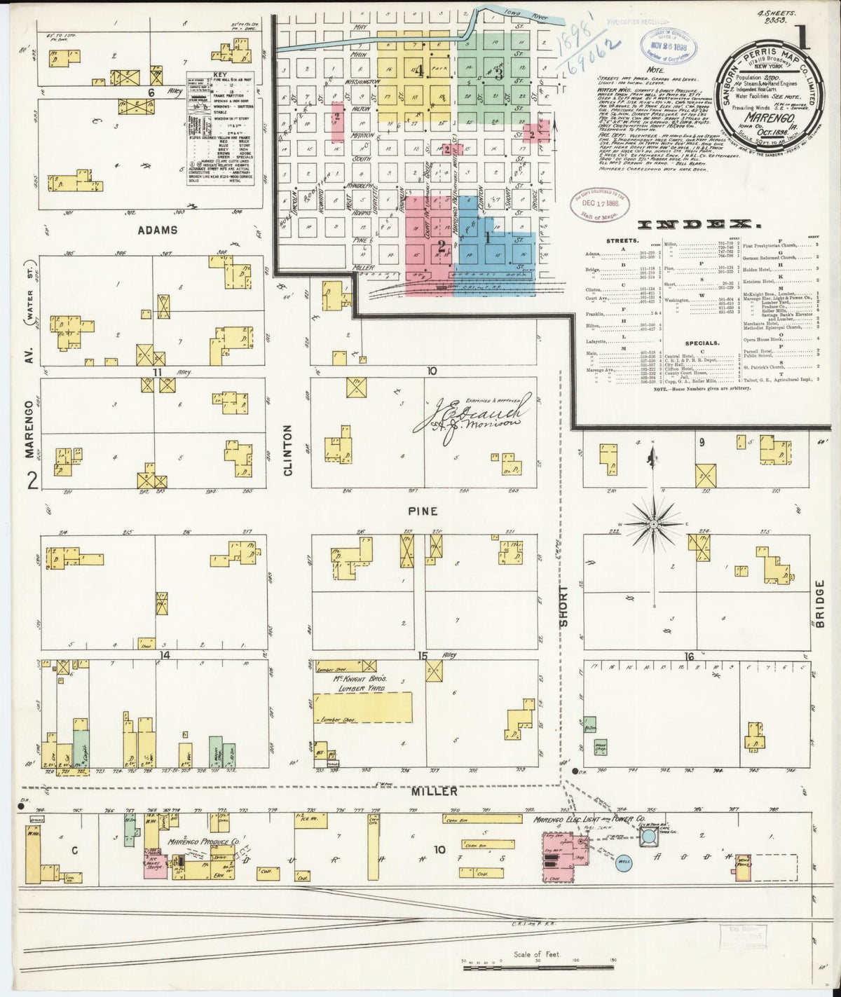 Sanborn Fire Insurance Map from Marengo, Iowa County, Iowa (1898), Sheet #0001 - Historic Sanborn Fire Insurance Map Print, vintage old map wall art