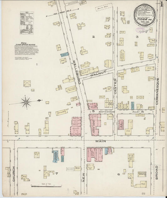 Sanborn Fire Insurance Map from Tioga, Tioga County, Pennsylvania (1885), Sheet #0001 - Historic Sanborn Fire Insurance Map Print, vintage old map wall art, antique decor, genealogy gift, Pennsylvania Pennsylvania map