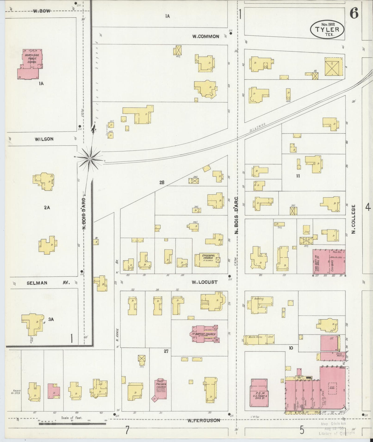 Sanborn Fire Insurance Map from Tyler, Smith County, Texas (1902), Sheet #0006 - Historic Sanborn Fire Insurance Map Print, vintage old map wall art, antique decor, genealogy gift, Texas Texas map