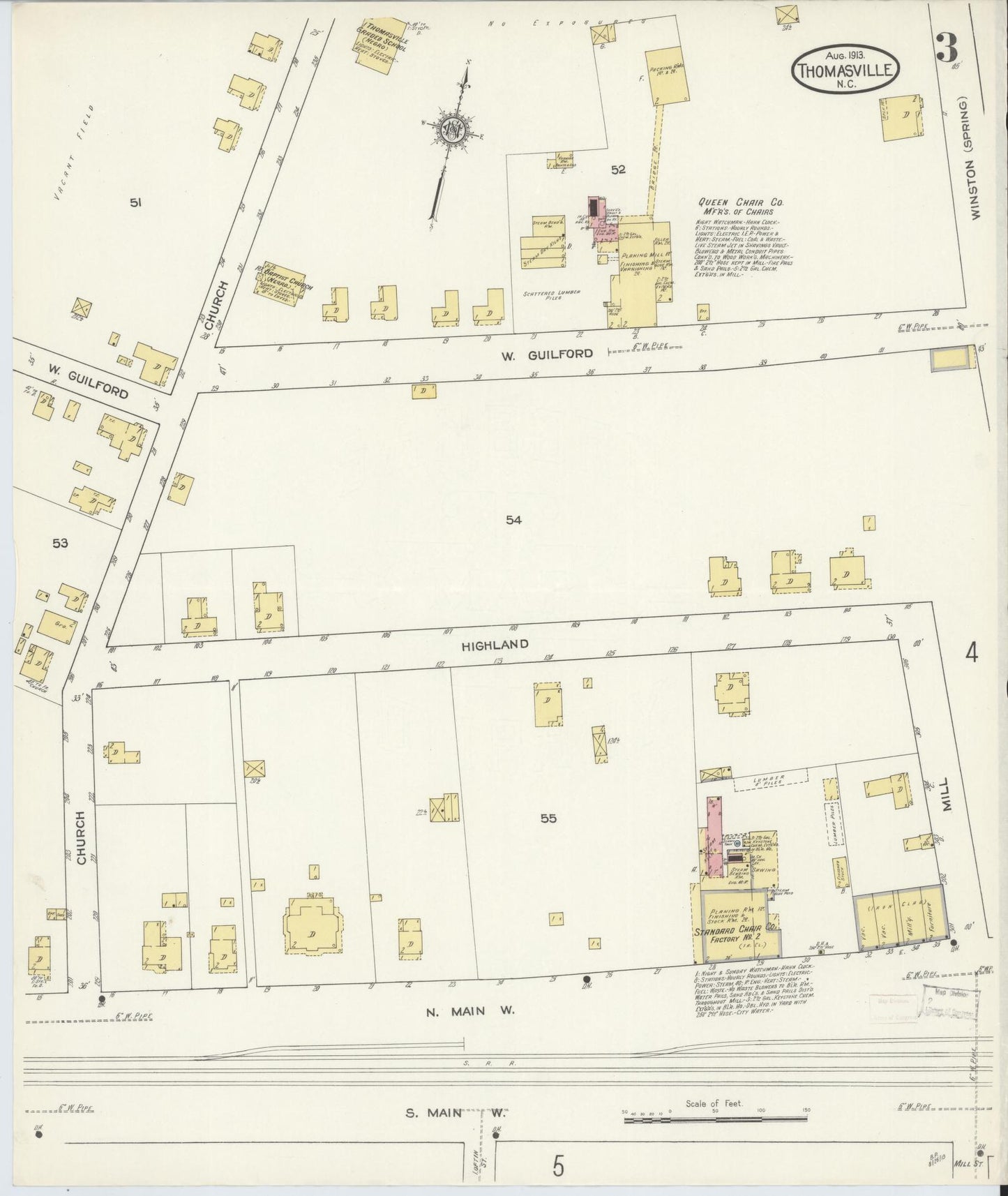 Sanborn Fire Insurance Map from Thomasville, Davidson County, North Carolina (1913), Sheet #0003 - Complete Map Set gallery image, historic Sanborn map, vintage wall art, North Carolina North Carolina