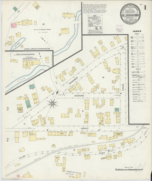 Sanborn Fire Insurance Map from Hillsborough Bridge, Hillsborough County, New Hampshire (1907), Sheet #0001 - Complete Map Set gallery image, historic Sanborn map, vintage wall art, New Hampshire New Hampshire