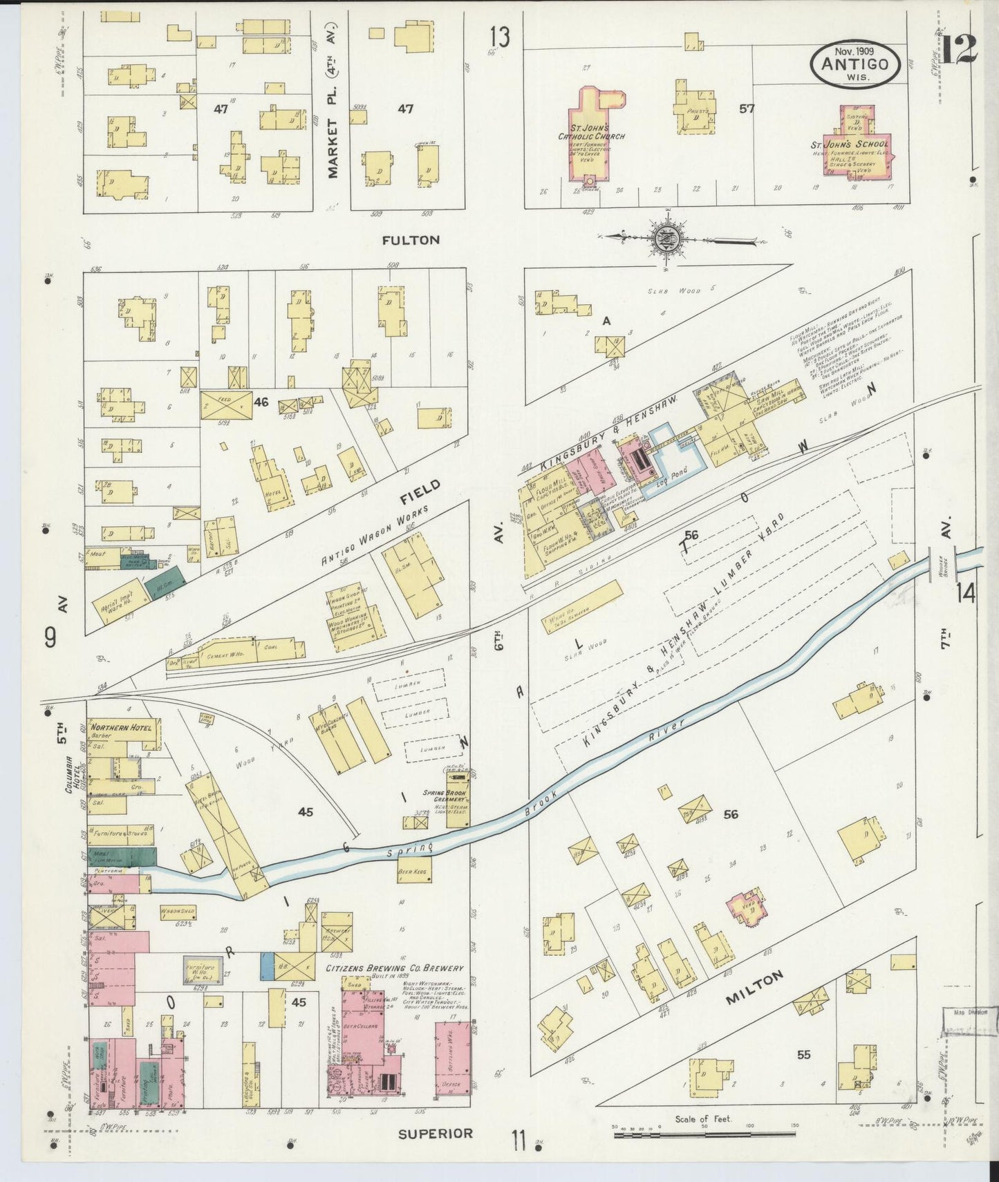 Sanborn Fire Insurance Map from Antigo, Langlade County, Wisconsin (1909), Sheet #0012 - Complete Map Set gallery image, historic Sanborn map, vintage wall art, Wisconsin Wisconsin