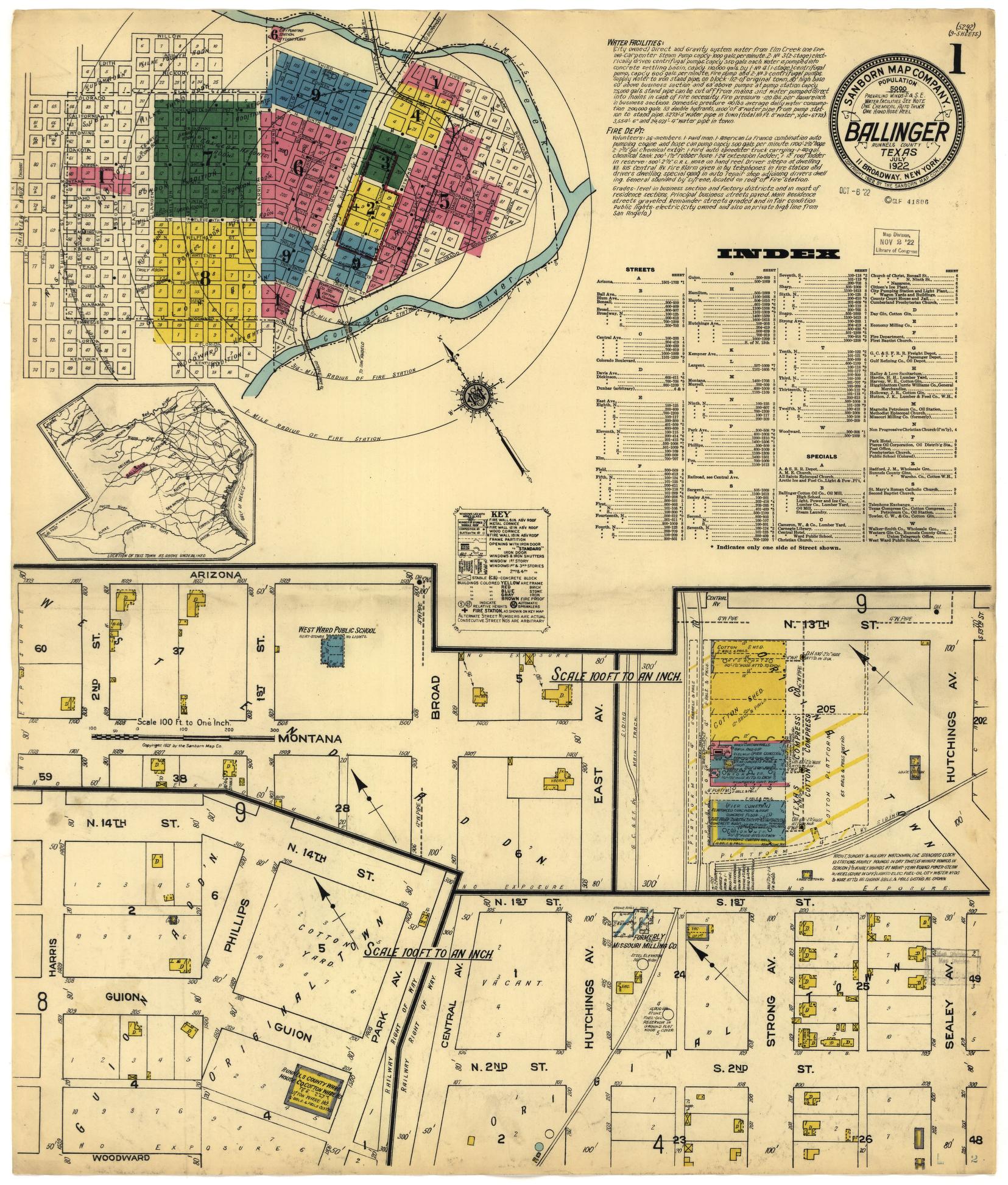 Sanborn Fire Insurance Map from Ballinger, Runnels County, Texas (1922), Sheet #0001 - Historic Sanborn Fire Insurance Map Print, vintage old map wall art, antique decor, genealogy gift, Texas Texas map