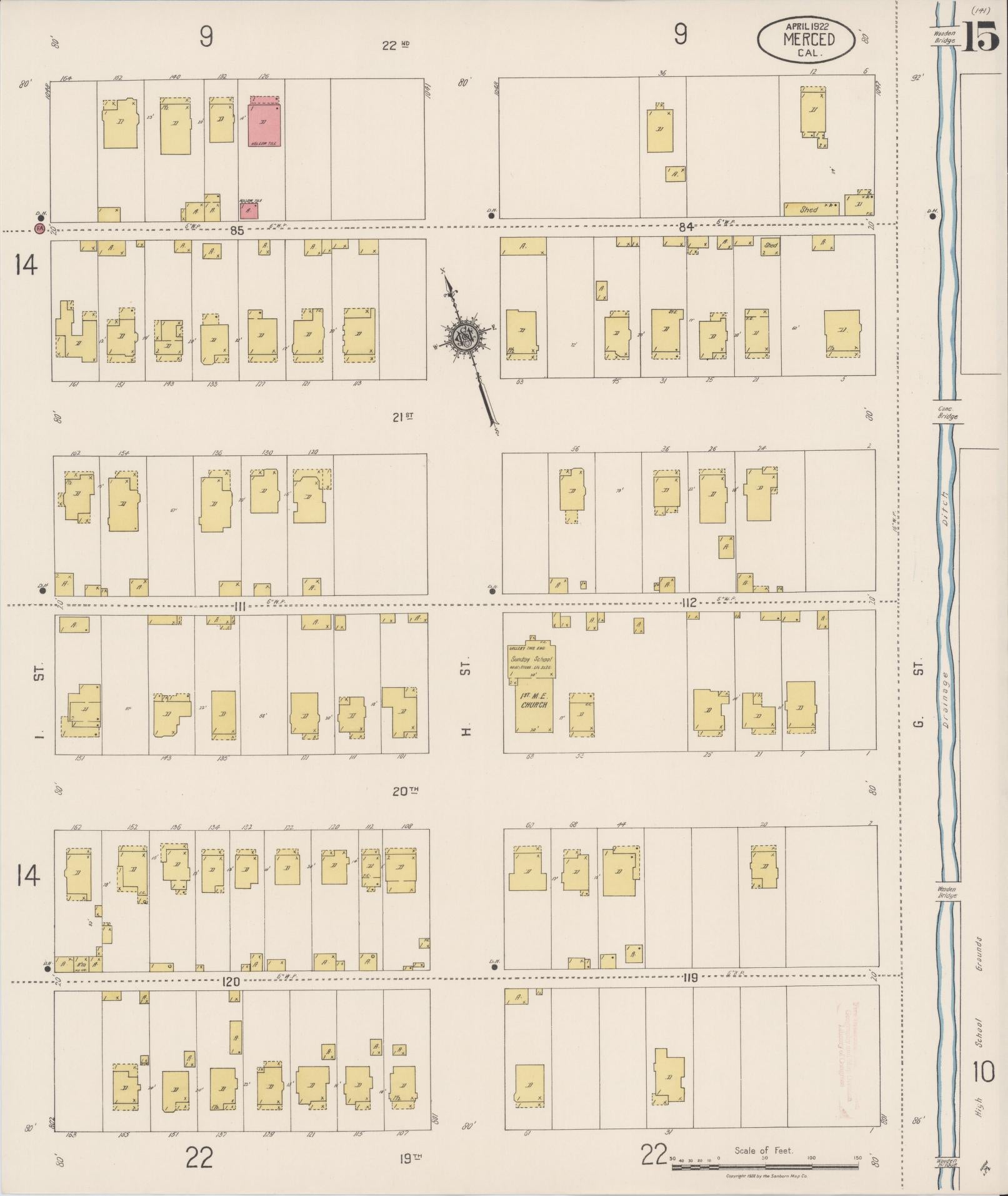 Sanborn Fire Insurance Map from Merced, Merced County, California (1922), Sheet #0015 - Historic Sanborn Fire Insurance Map Print, vintage old map wall art, antique decor, genealogy gift, California California map