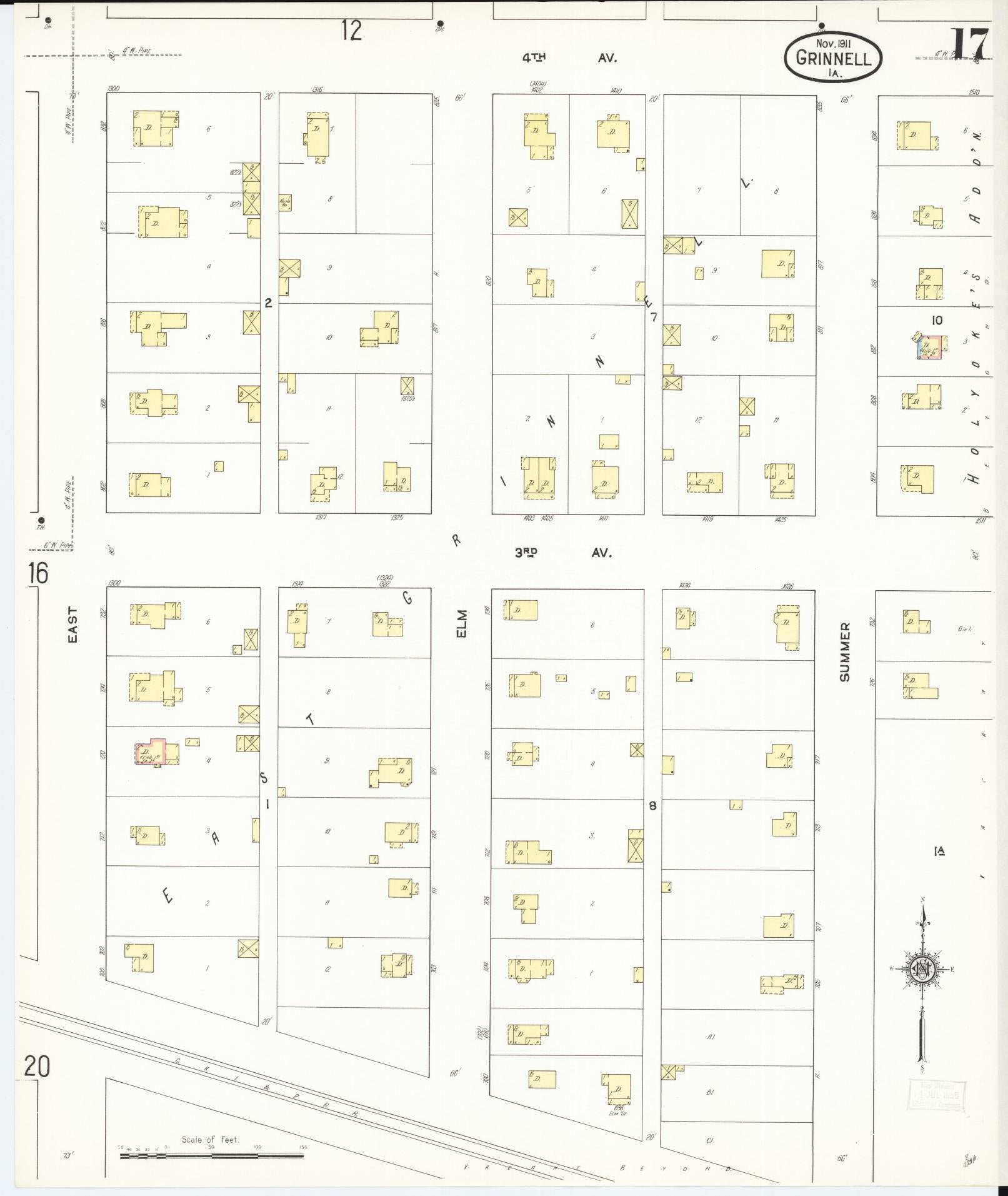 Sanborn Fire Insurance Map from Grinnell, Poweshiek County, Iowa (1911), Sheet #0017 - Historic Sanborn Fire Insurance Map Print, vintage old map wall art