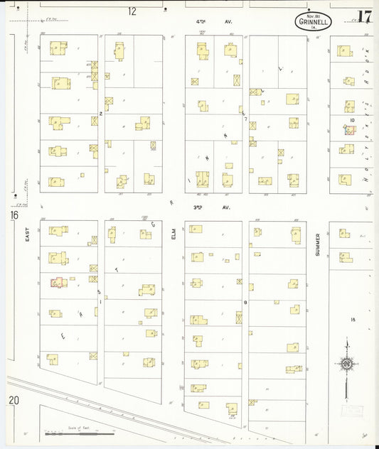 Sanborn Fire Insurance Map from Grinnell, Poweshiek County, Iowa (1911), Sheet #0017 - Historic Sanborn Fire Insurance Map Print, vintage old map wall art