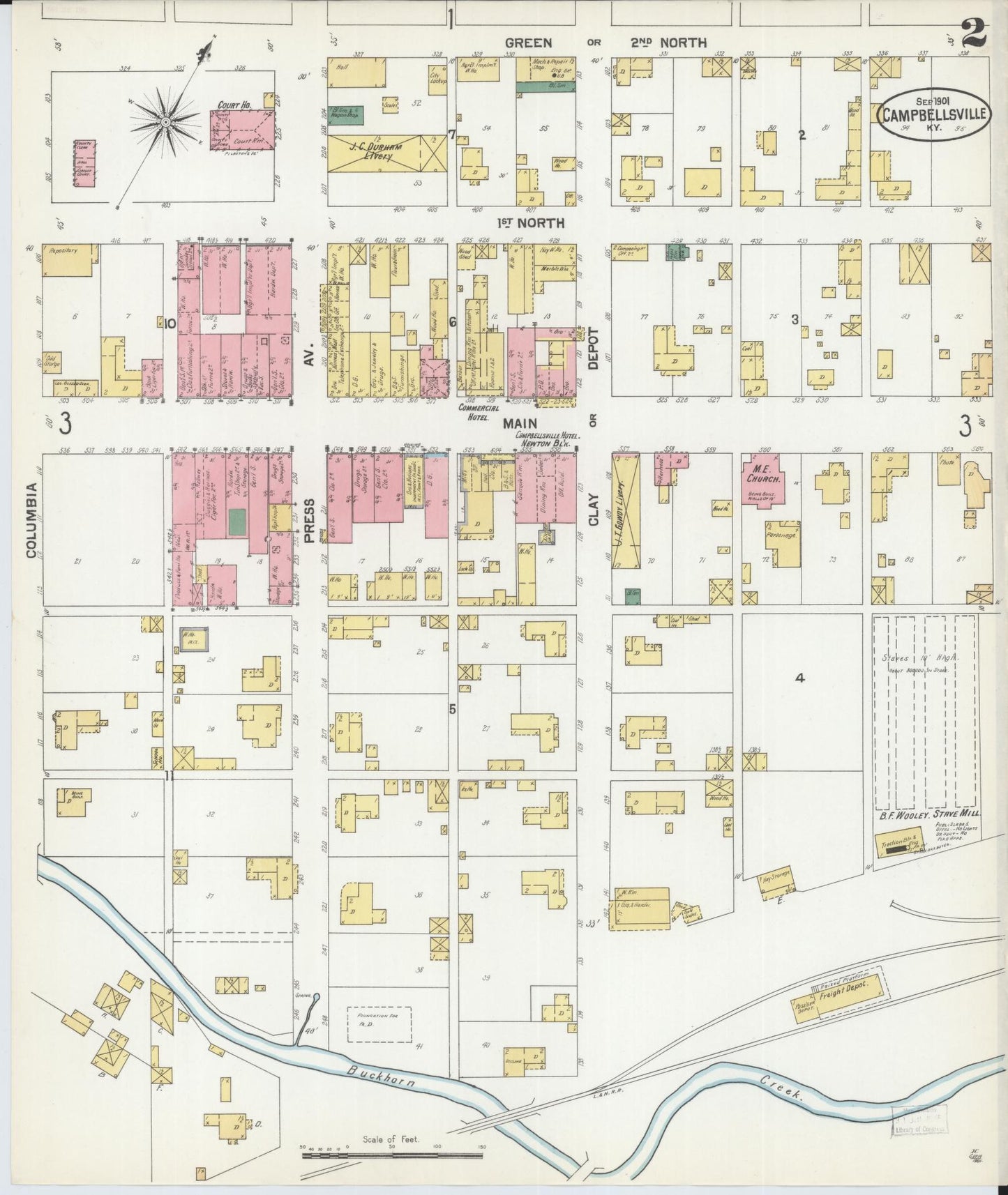 Sanborn Fire Insurance Map from Campbellsville, Taylor County, Kentucky (1901), Sheet #0002 - Historic Sanborn Fire Insurance Map Print, vintage old map wall art, antique decor, genealogy gift, Kentucky Kentucky map