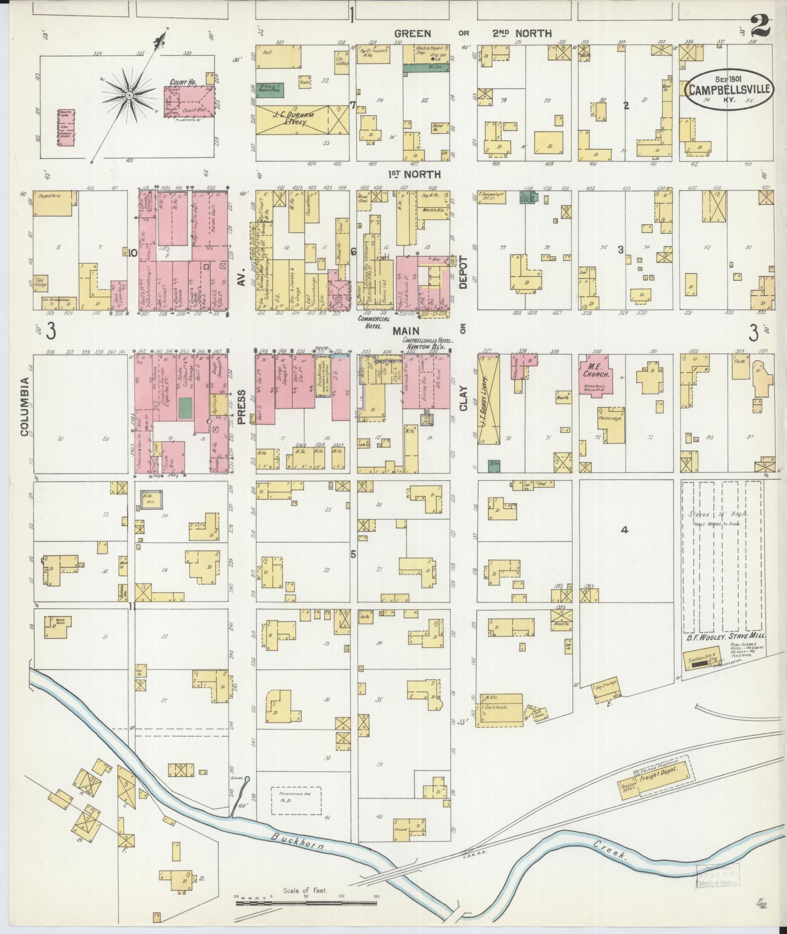 Sanborn Fire Insurance Map from Campbellsville, Taylor County, Kentucky (1901), Sheet #0002 - Historic Sanborn Fire Insurance Map Print, vintage old map wall art, antique decor, genealogy gift, Kentucky Kentucky map