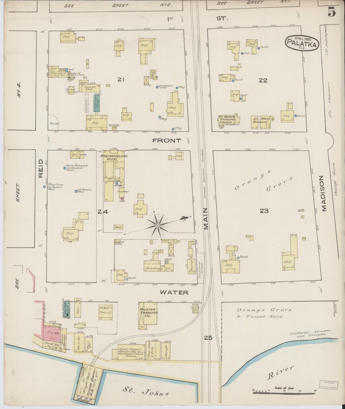 Sanborn Fire Insurance Map from Palatka, Putnam County, Florida (1885), Sheet #0005 - Historic Sanborn Fire Insurance Map Print, vintage old map wall art, antique decor, genealogy gift, Florida Florida map