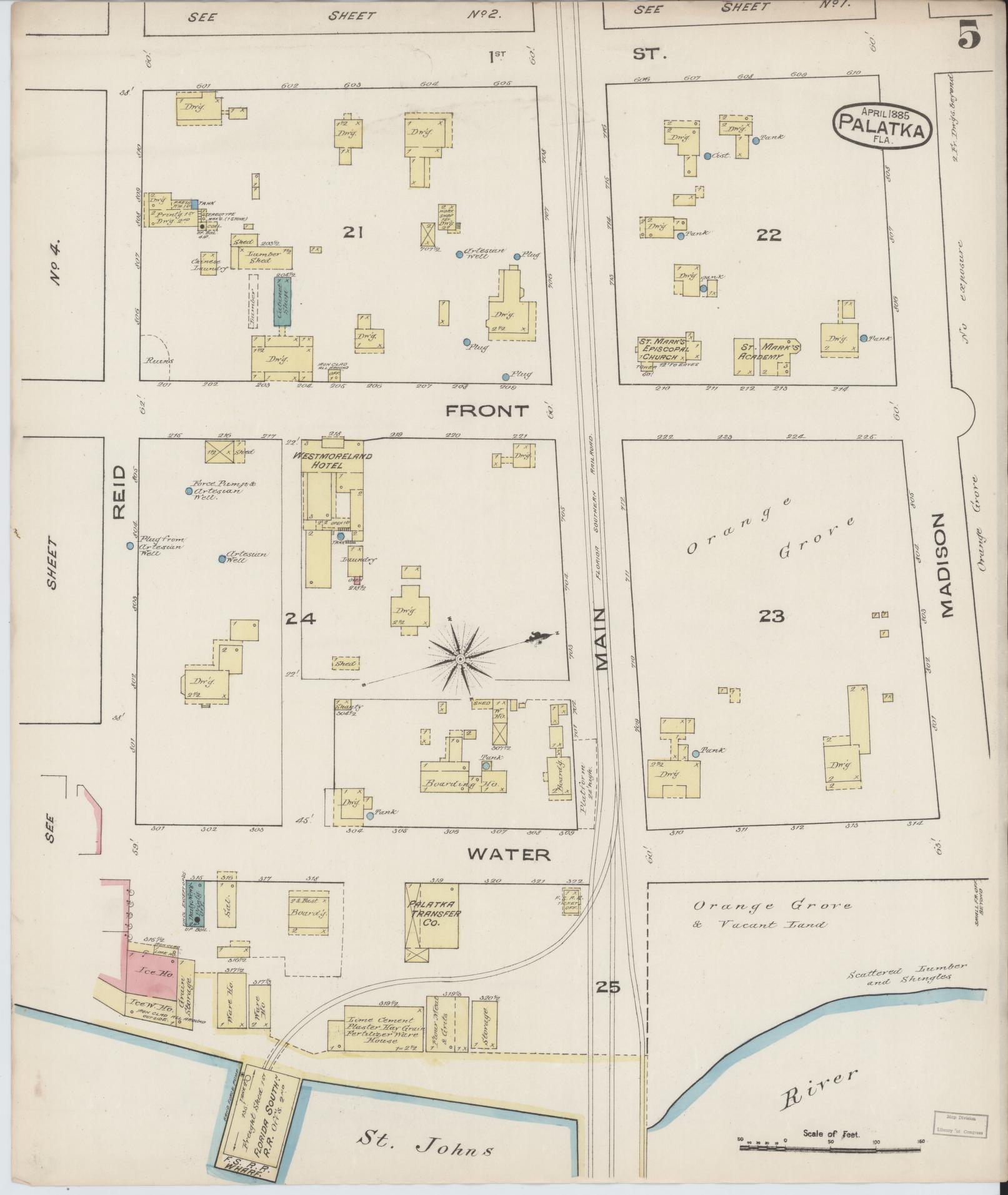Sanborn Fire Insurance Map from Palatka, Putnam County, Florida (1885), Sheet #0005 - Historic Sanborn Fire Insurance Map Print, vintage old map wall art, antique decor, genealogy gift, Florida Florida map