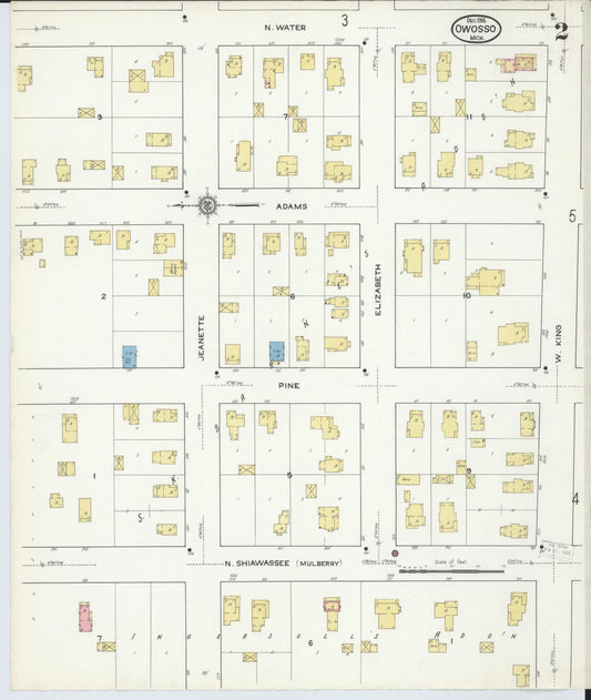Sanborn Fire Insurance Map from Owosso, Shiawassee County, Michigan (1915), Sheet #0002 - Historic Sanborn Fire Insurance Map Print, vintage old map wall art, antique decor, genealogy gift, Michigan Michigan map