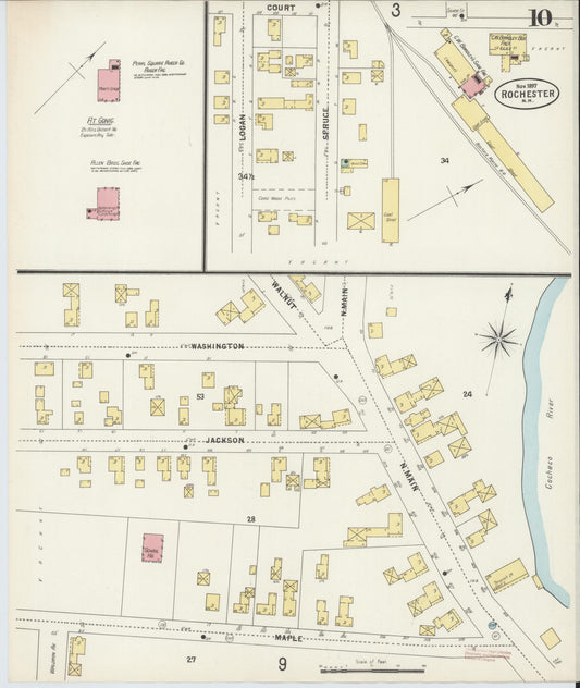 Sanborn Fire Insurance Map from Rochester, Strafford County, New Hampshire (1897), Sheet #0010 - Historic Sanborn Fire Insurance Map Print, vintage old map wall art, antique decor, genealogy gift, New Hampshire New Hampshire map