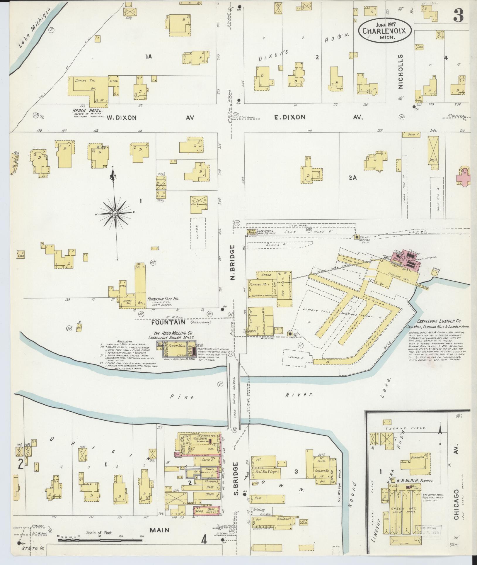 Sanborn Fire Insurance Map from Charlevoix, Charlevoix County, Michigan (1907), Sheet #0003 - Complete Map Set gallery image, historic Sanborn map, vintage wall art, Michigan Michigan