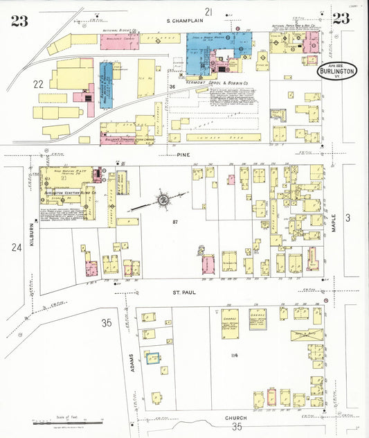 Sanborn Fire Insurance Map from Burlington, Chittenden County, Vermont (1926), Sheet #0023 - Historic Sanborn Fire Insurance Map Print, vintage old map wall art, antique decor, genealogy gift, Vermont Vermont map