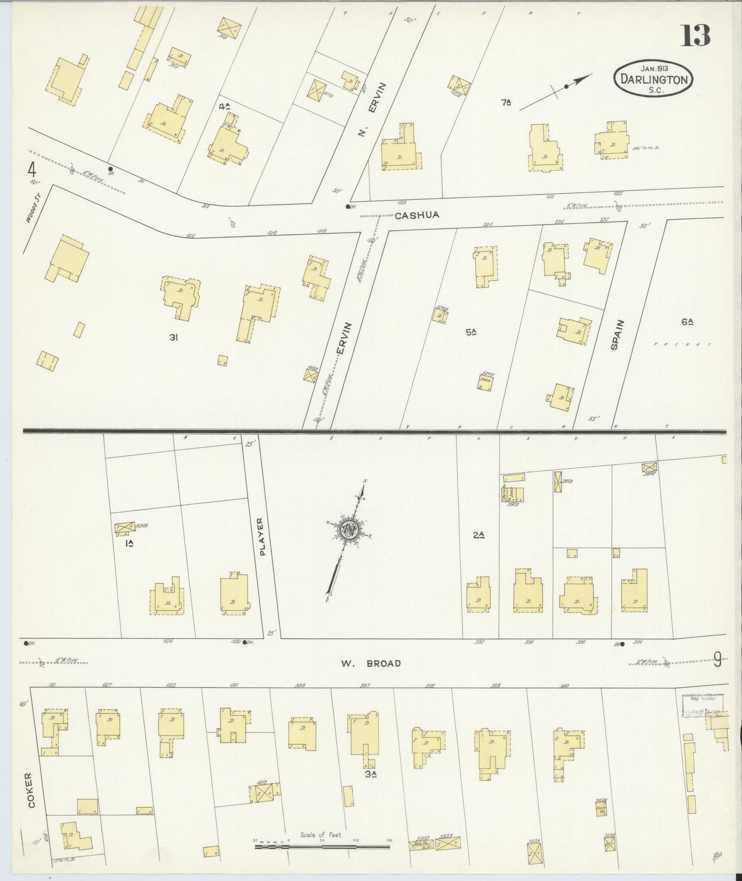 Sanborn Fire Insurance Map from Darlington, Darlington County, South Carolina (1913), Sheet #0013 - Complete Map Set gallery image, historic Sanborn map, vintage wall art, South Carolina South Carolina