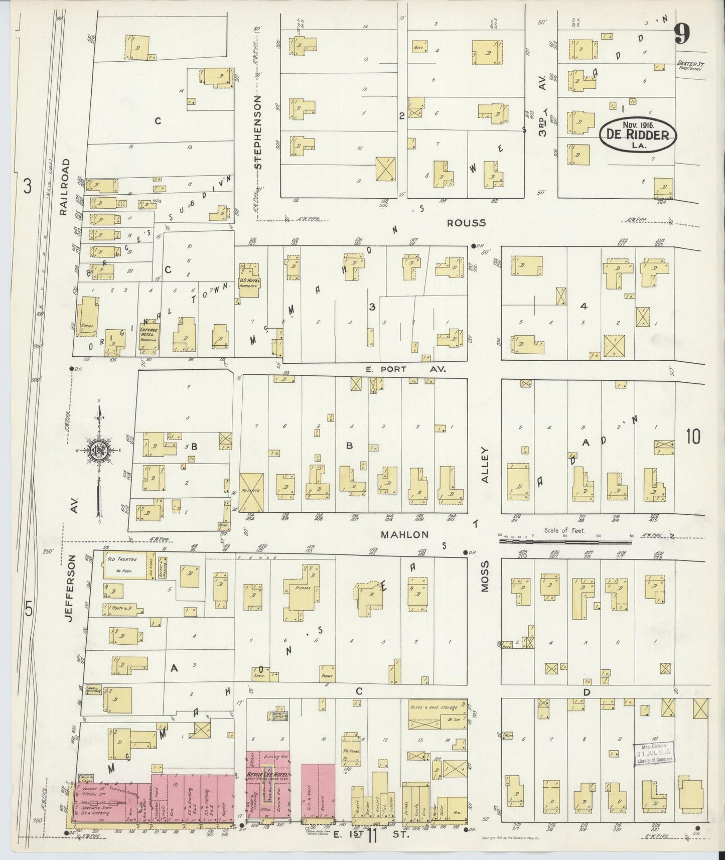 Sanborn Fire Insurance Map from De Ridder, Beauregard Parish, Louisiana (1916), Sheet #0009 - Historic Sanborn Fire Insurance Map Print, vintage old map wall art, antique decor, genealogy gift, Louisiana Louisiana map