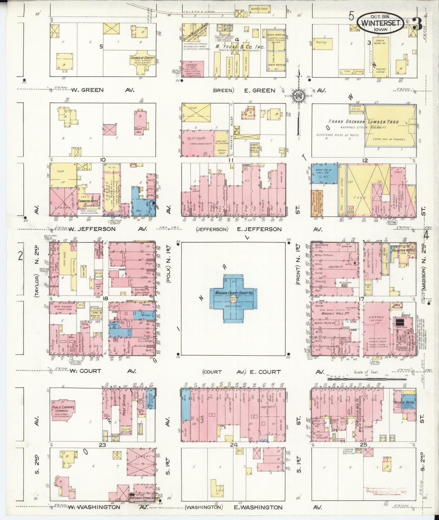Sanborn Fire Insurance Map from Winterset, Madison County, Iowa (1916), Sheet #0003 - Historic Sanborn Fire Insurance Map Print, vintage old map wall art