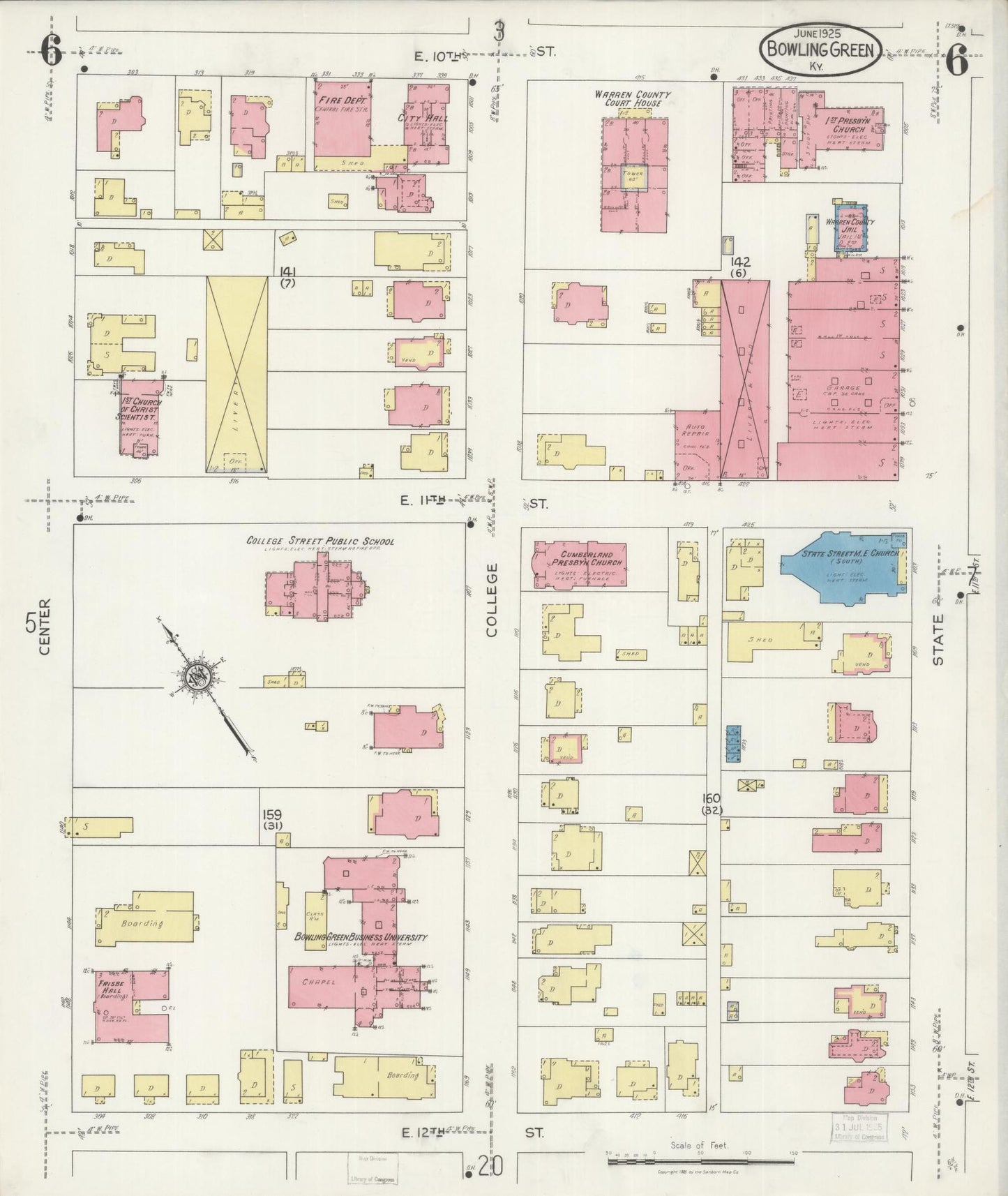 Sanborn Fire Insurance Map from Bowling Green, Warren County, Kentucky (1925), Sheet #0006 - Complete Map Set gallery image, historic Sanborn map, vintage wall art, Kentucky Kentucky