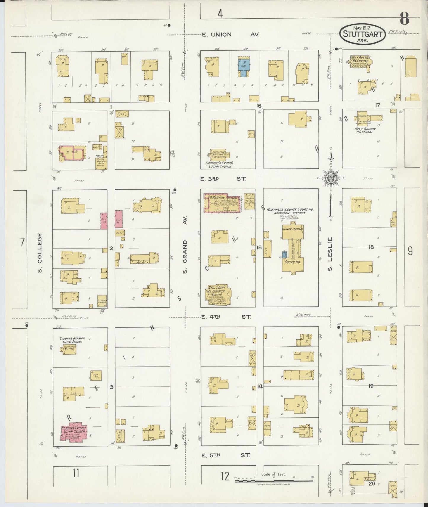 Sanborn Fire Insurance Map from Stuttgart, Arkansas County, Arkansas (1917), Sheet #0008 - Complete Map Set gallery image, historic Sanborn map, vintage wall art, Stuttgart Arkansas